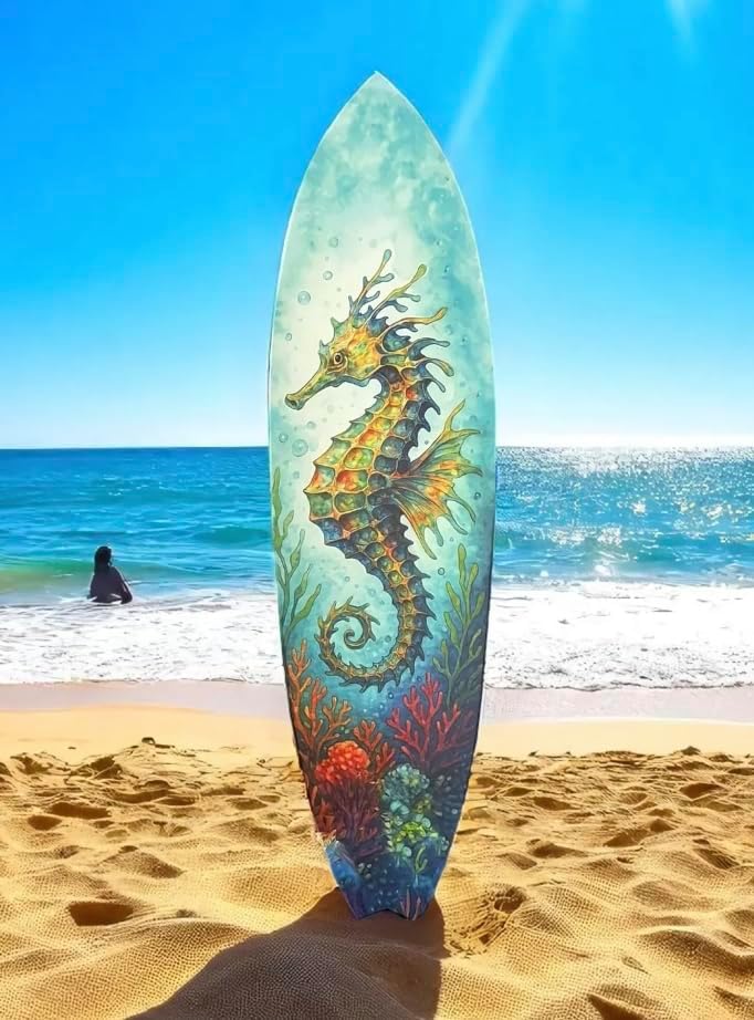 JennyGems Seahorse Surfboard Wall Art Coastal PVC Beach House Decor, Ocean Theme Nautical Wall Sign, Tropical Underwater Sea Dragon, 4 Foot