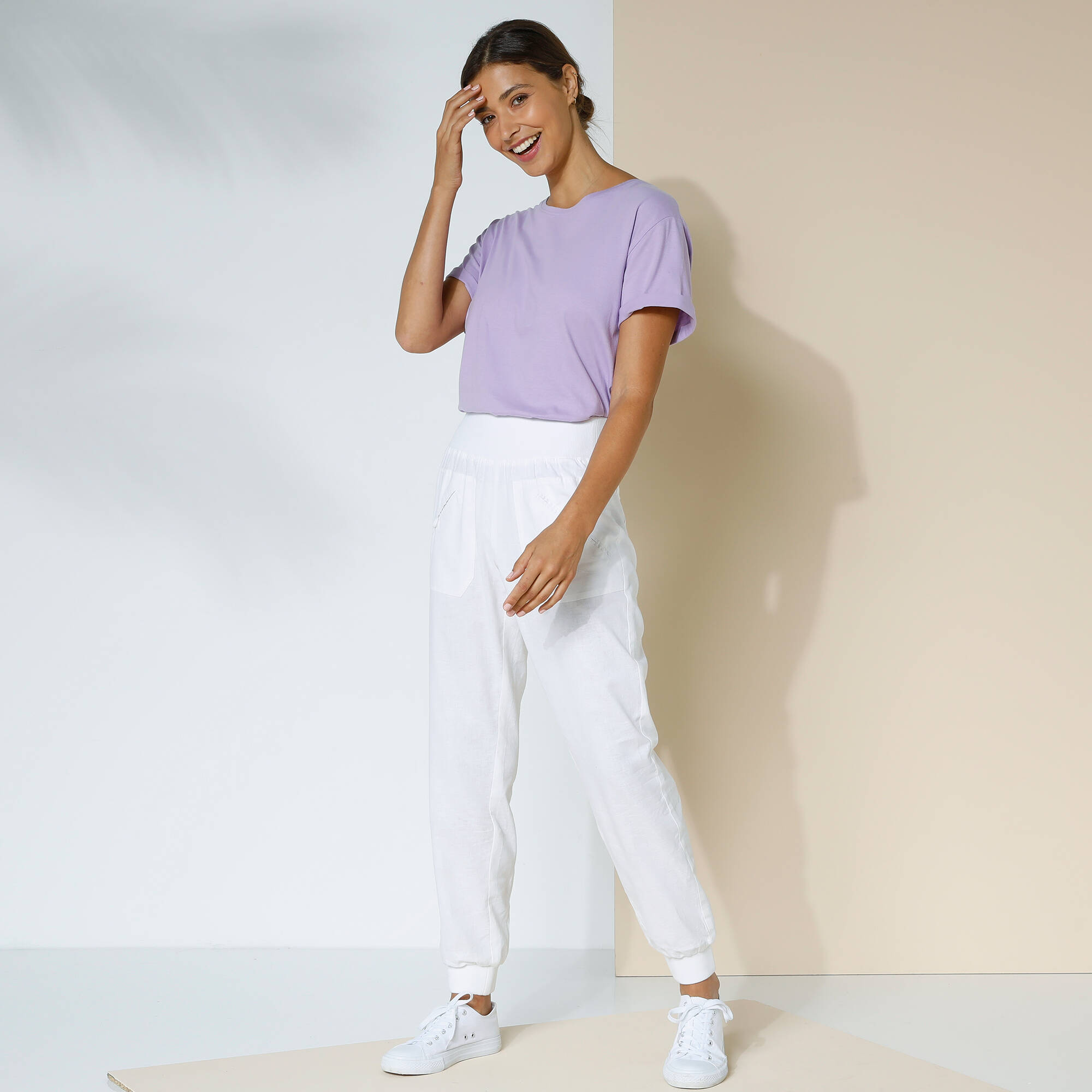 Pantalon blousant taille élastiquée, lin coton