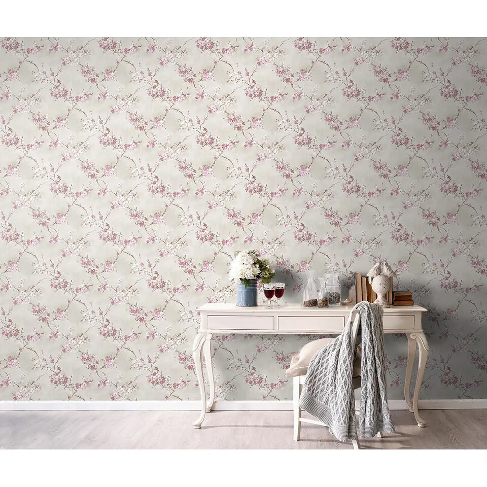 Sanders & Sanders behang bloemen lila paars en warm beige - 53 cm x 10 m