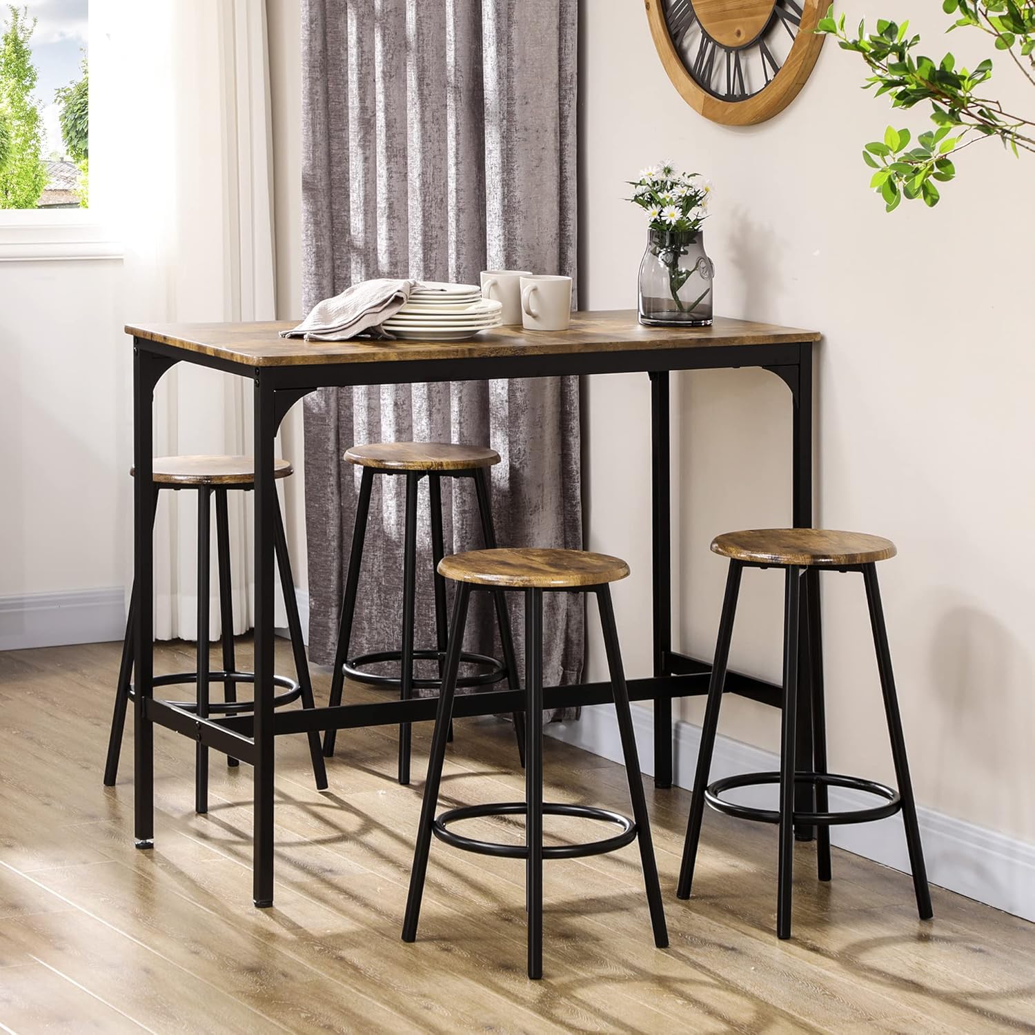 HOMCOM 5-Piece Counter Height Bar Table Set, Rustic 43.25 Dining Table with 4 Bar Stools, Kitchen Table with Wooden Top for Pub, Dining Room, Rustic Brown