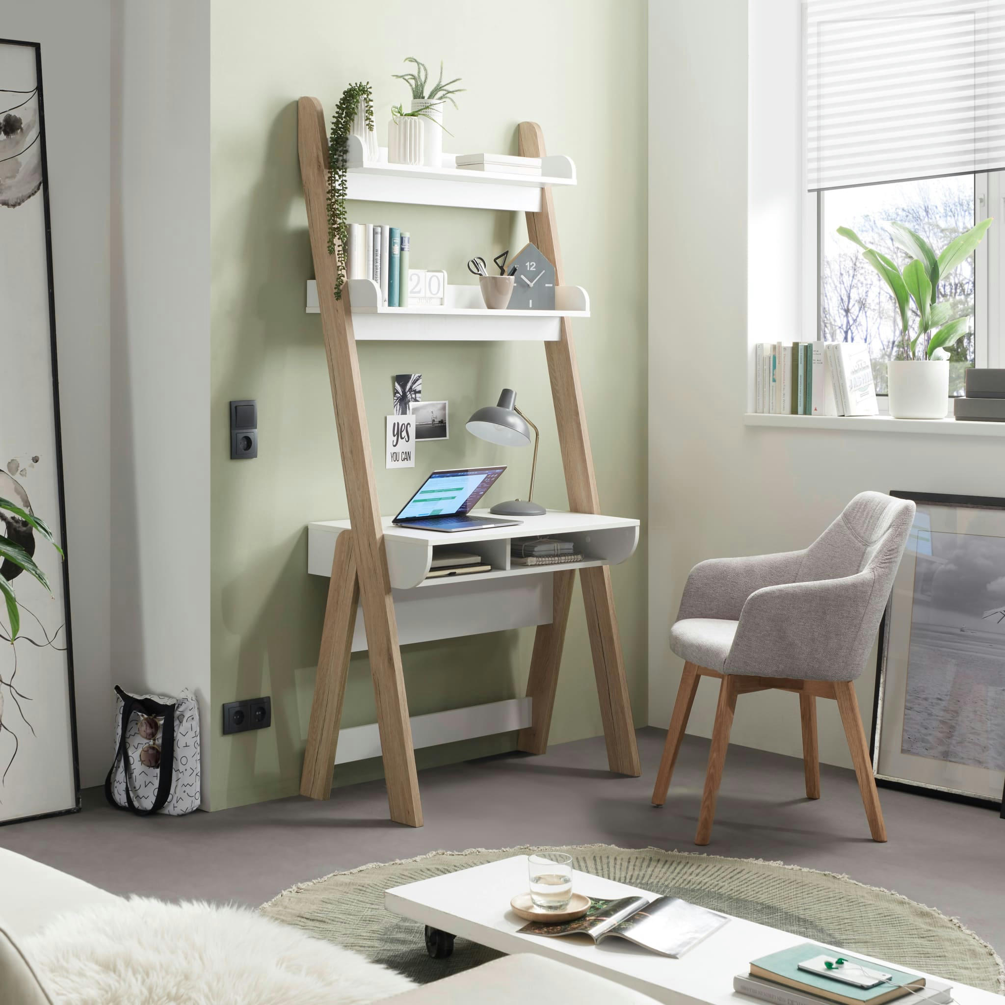 - Bureau avec 2 étagères et 2 niches en chêne clair et blanc