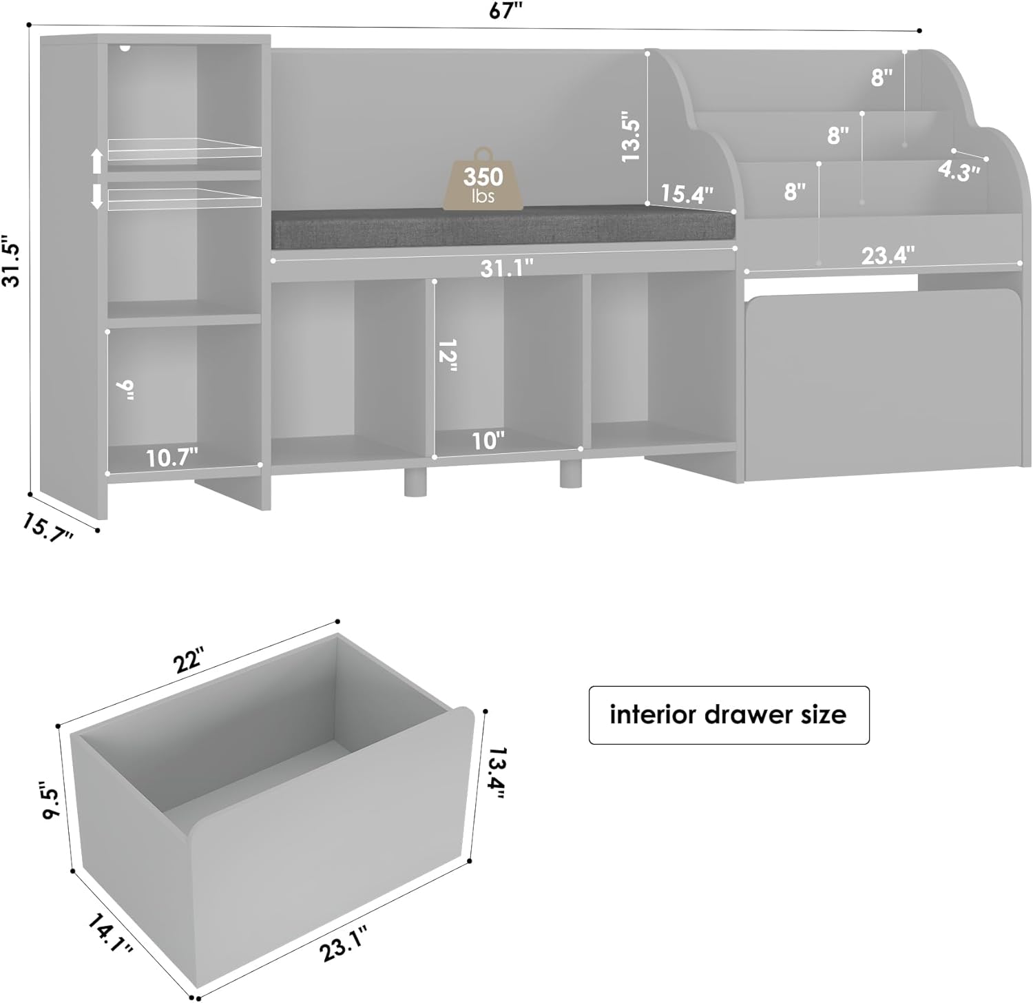 HOSTACK 67 W Kids Reading Nook with Toy Storage Organizer, Large Kids Bookshelf with Toy Storage Box on Wheels, Big Kid Bookcase with Bench and 6 Open Cubbies for Playroom, Kid Room, Grey
