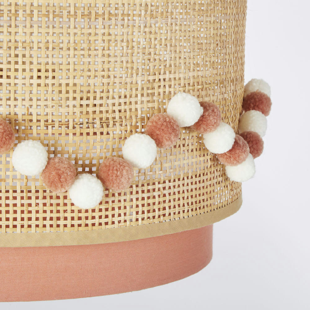 LOUNA - Abat-jour pour suspension rose cannage en rotin beige avec pompons