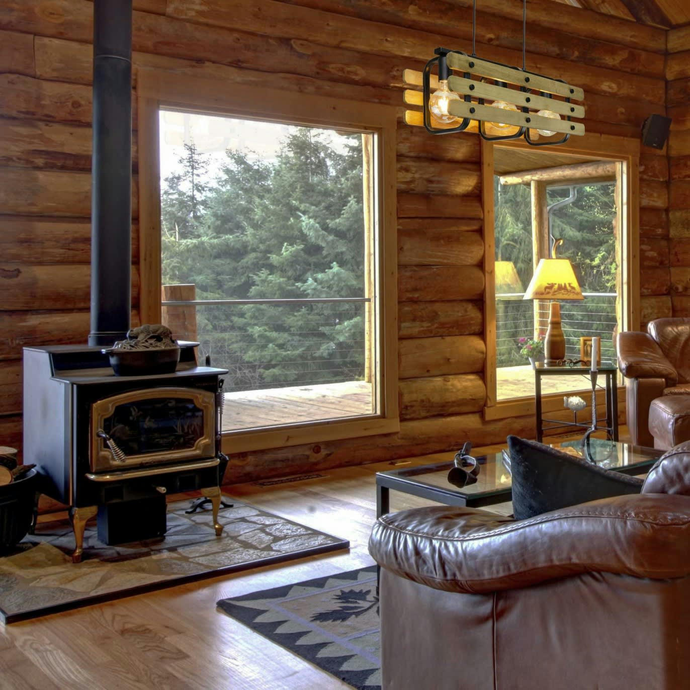 CHABANON - Suspension 3 lumières en bois marron et métal noir