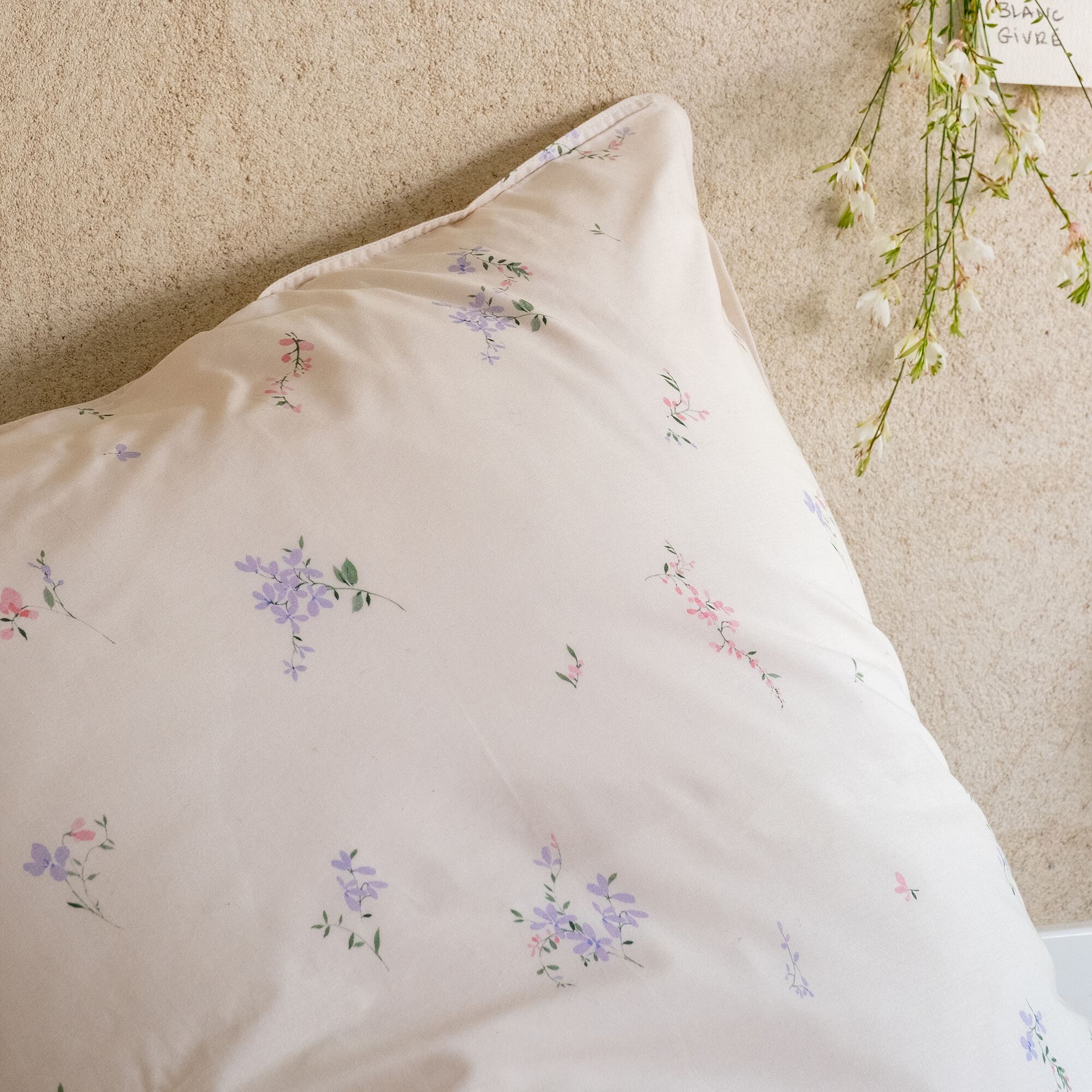 LISON - Housse de couette enfant 140x200cm et 1 taie d'oreiller 63x63cm motif floral en coton - beige ficelle