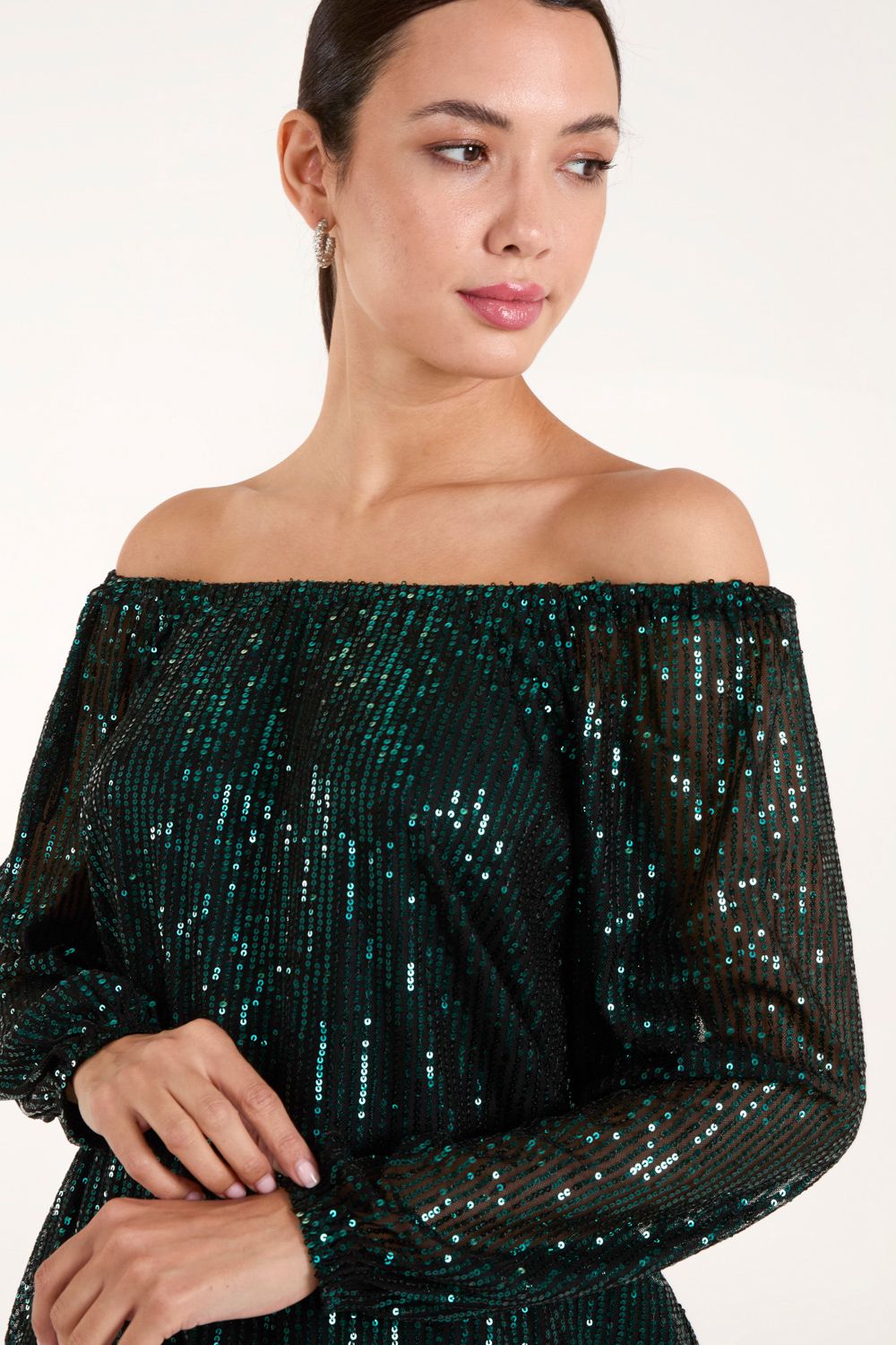 Blue Vanilla Elastic Neck Puffball Sequin Top