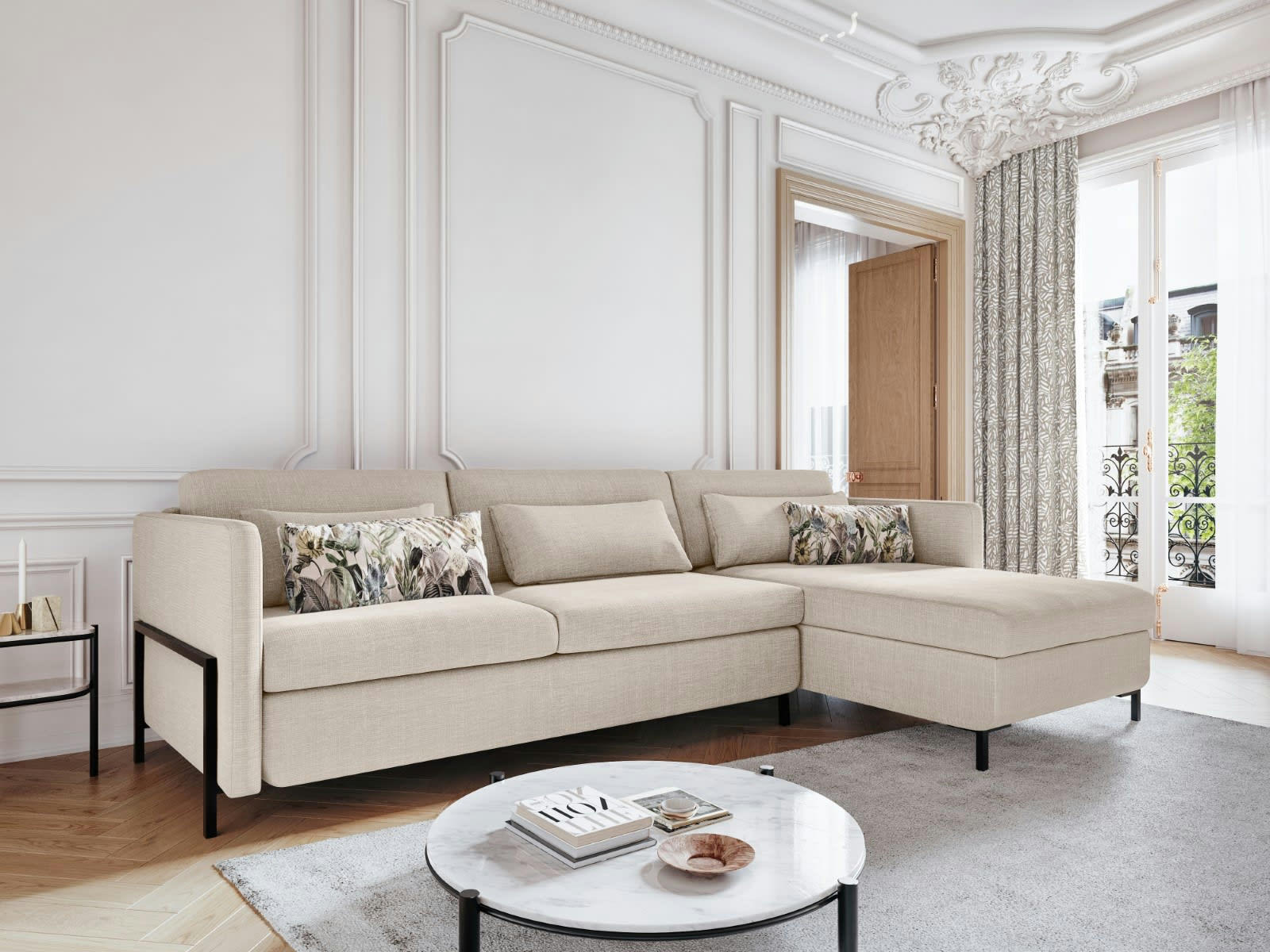 YANIS - Canapé D'Angle Droit Conv. Coffre 4 places en Tissu Structurel Beige