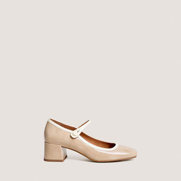Babies à talons et bouts carrésen vernis beige et vernis écru | DONZAI