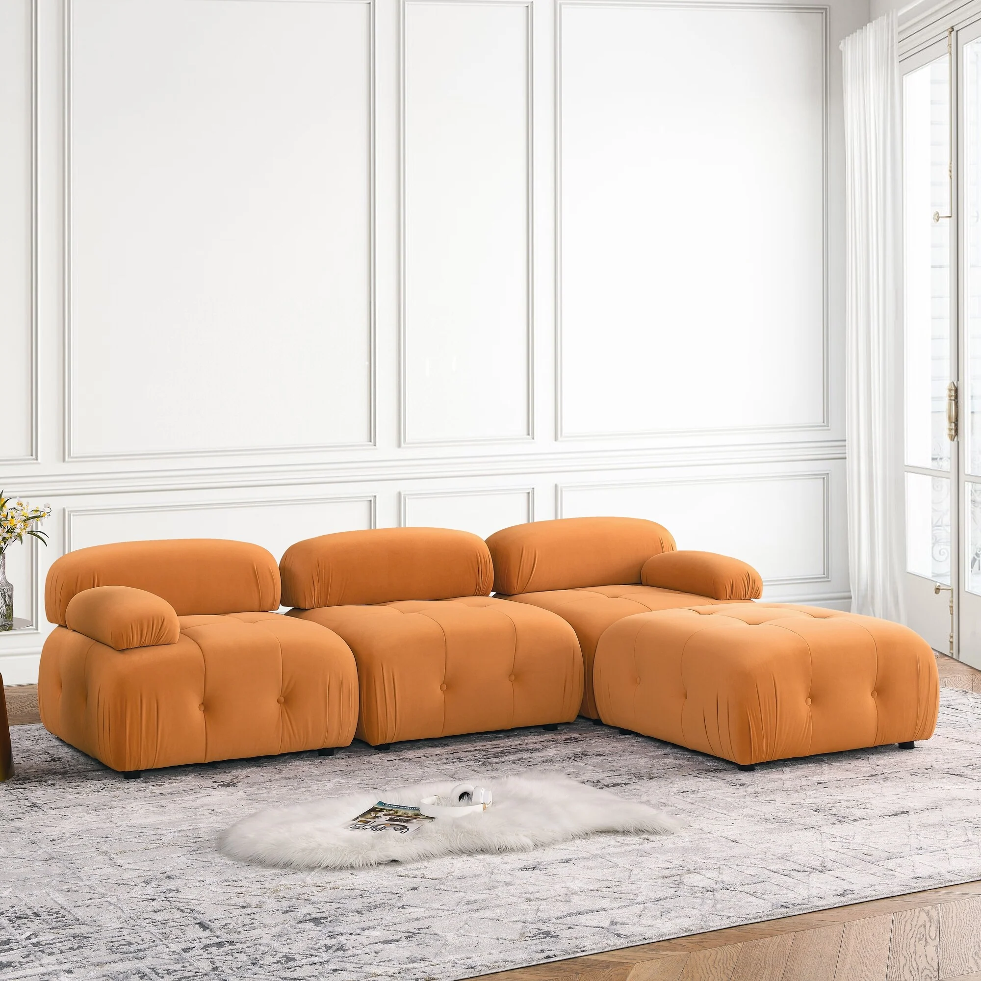 Modern Modular Sectional Sofa with Button Tufting and Teddy Fabric and Movable Chairs for Living Room or Guest Room