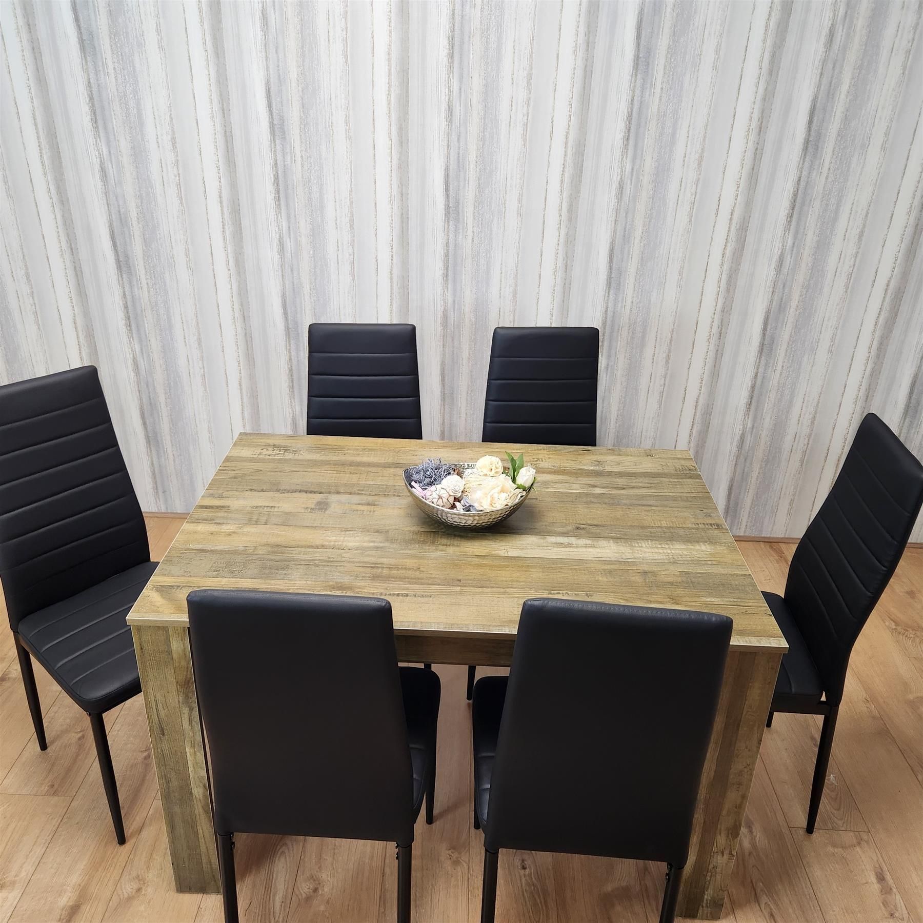KOSY KOALA Dining Table and 6 Chairs - Rustic Effect Dining Table With 6 Black Velvet Chairs Dining Furniture Set