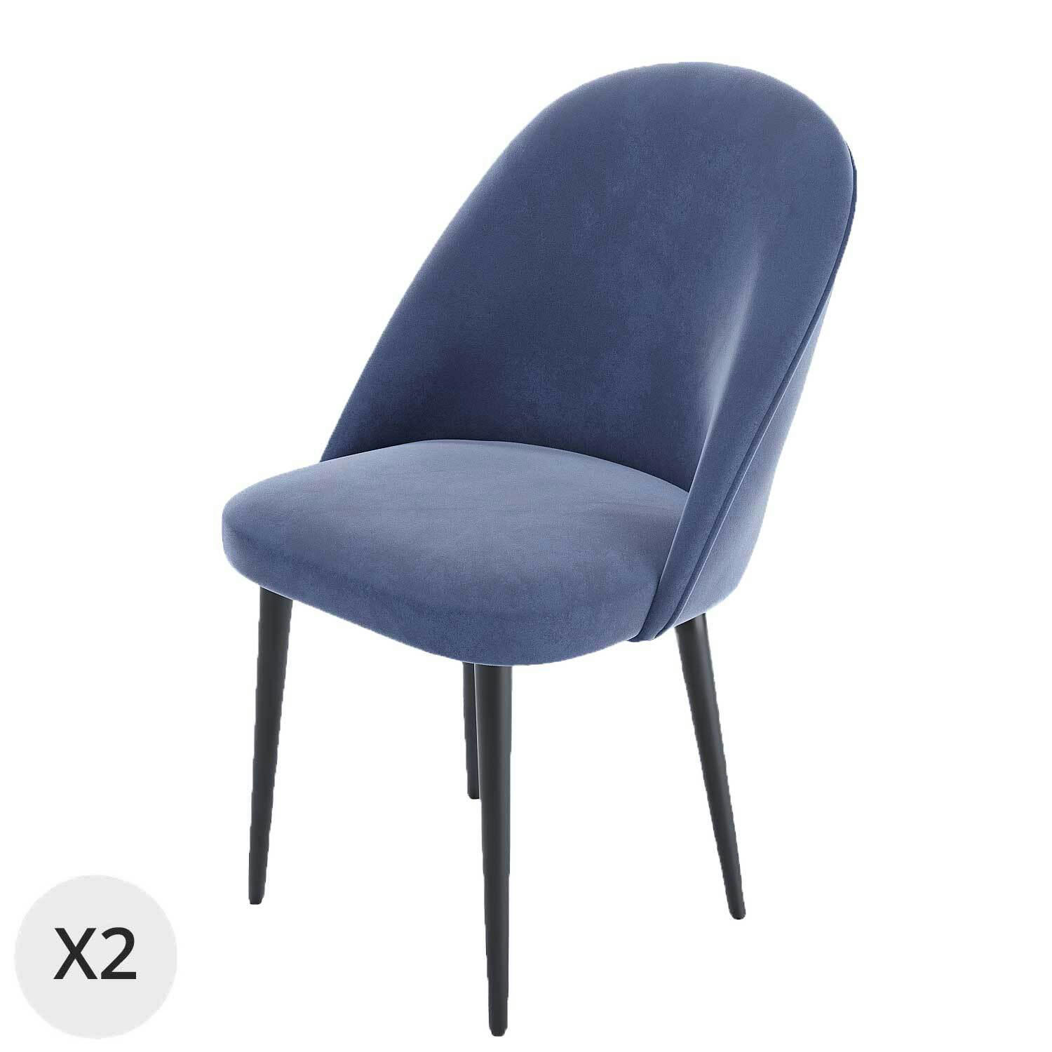 NINA - Lot de 2 chaises en velours bleu & métal noir