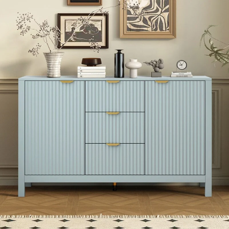 Entryway Buffet Cabinet with Wave 2-Door and 3 Drawers, Adjustable Shelves for Stylish Storage