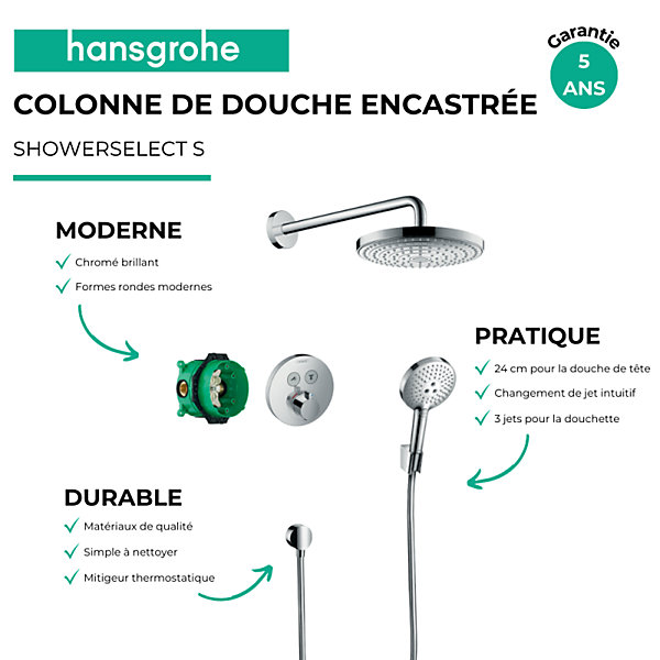 Colonne de douche thermostatique encastrée HANSGROHE ShowerSelect S chromé   douche de tête Raindance Select S   nettoyant