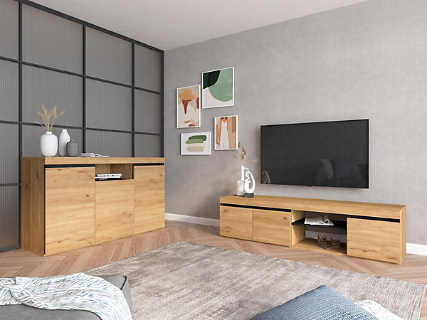 Ensemble Naturale buffet meuble TV 160cm couleur chêne et noir