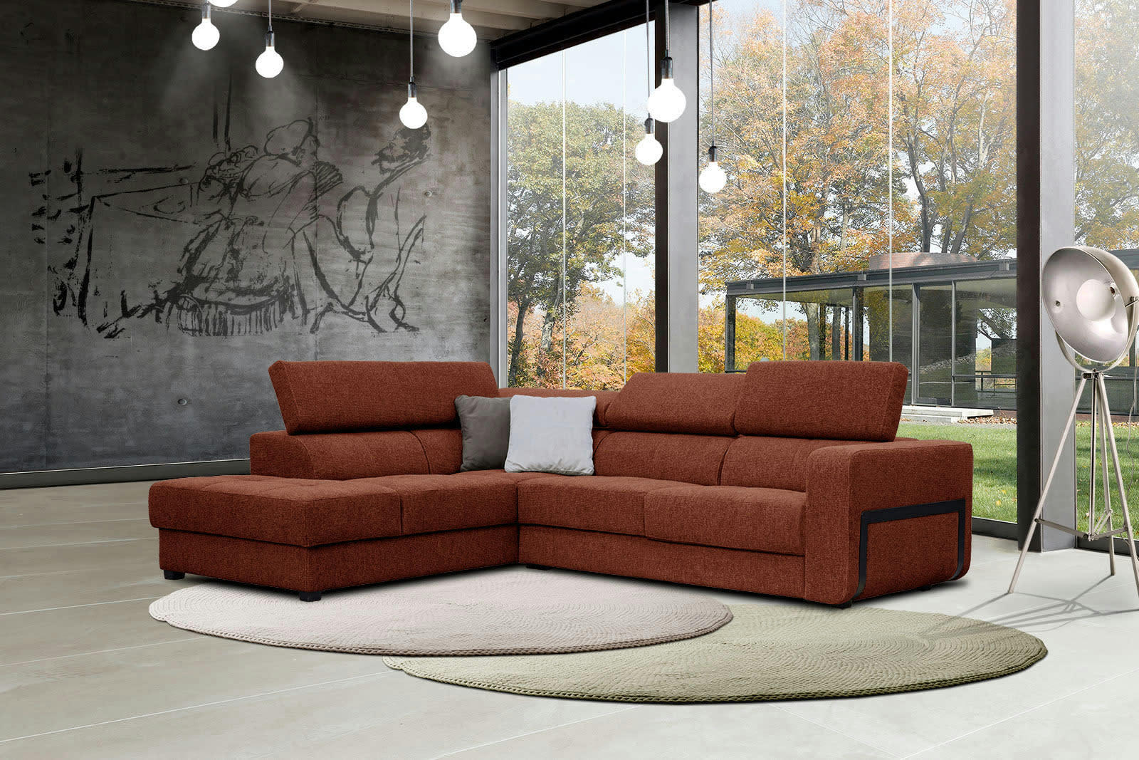 BERGO - Canapé d'angle gauche 5 places en tissu brique avec coussins déco