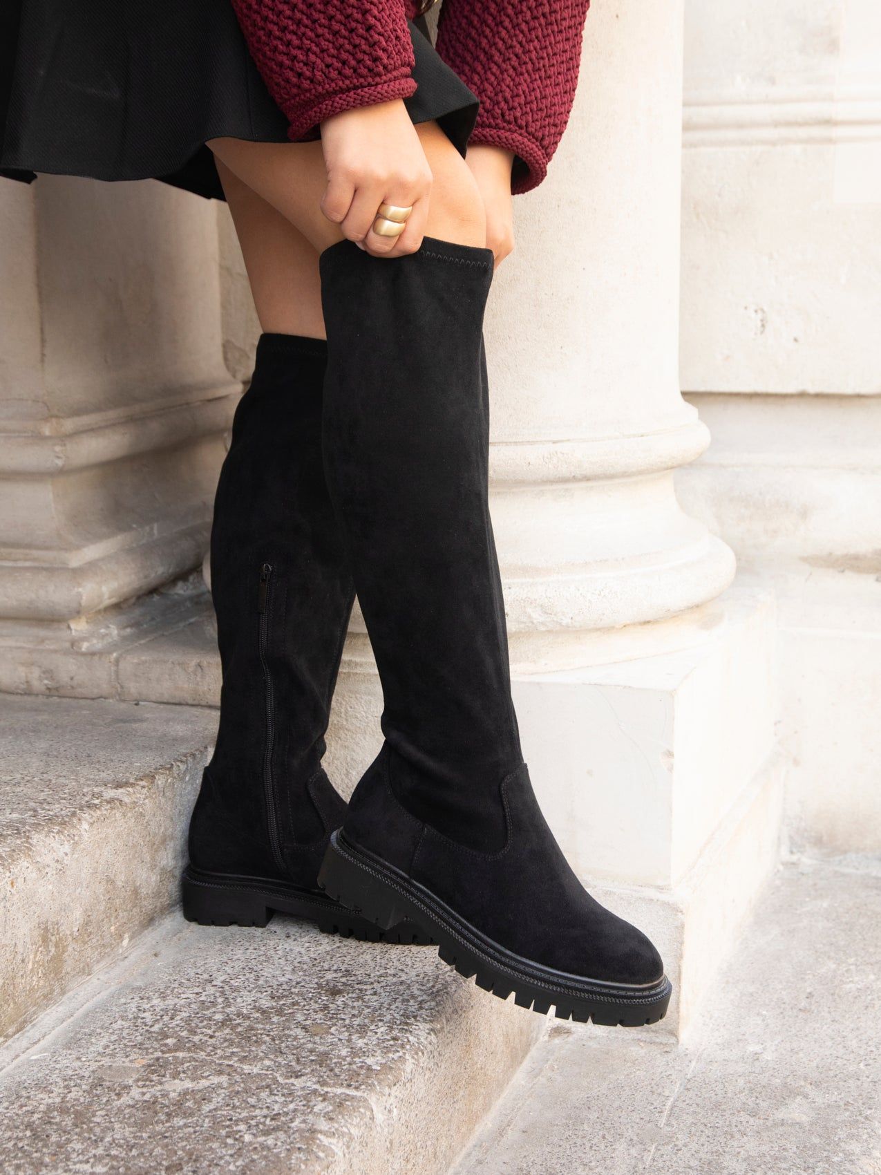 Linzi Briody Wide Fit Black Faux Suede Knee High Stretch Boot