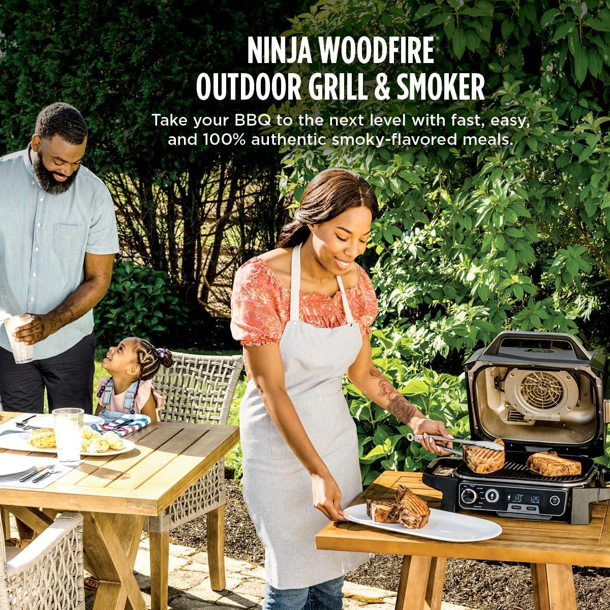 Ninja OG751 Woodfire Pro Outdoor Grill Built-In Thermometer 7-in-1 Master Grill BBQ Smoker & Outdoor Air Fryer Plus Bake Roast Dehydrate & Broil Woodfire Technology Weather-Resistant Grey XL