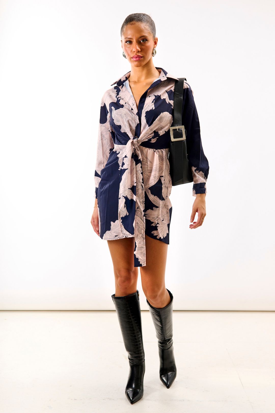 Needs No Label Navy Leaf Tie Front Shirt Dress