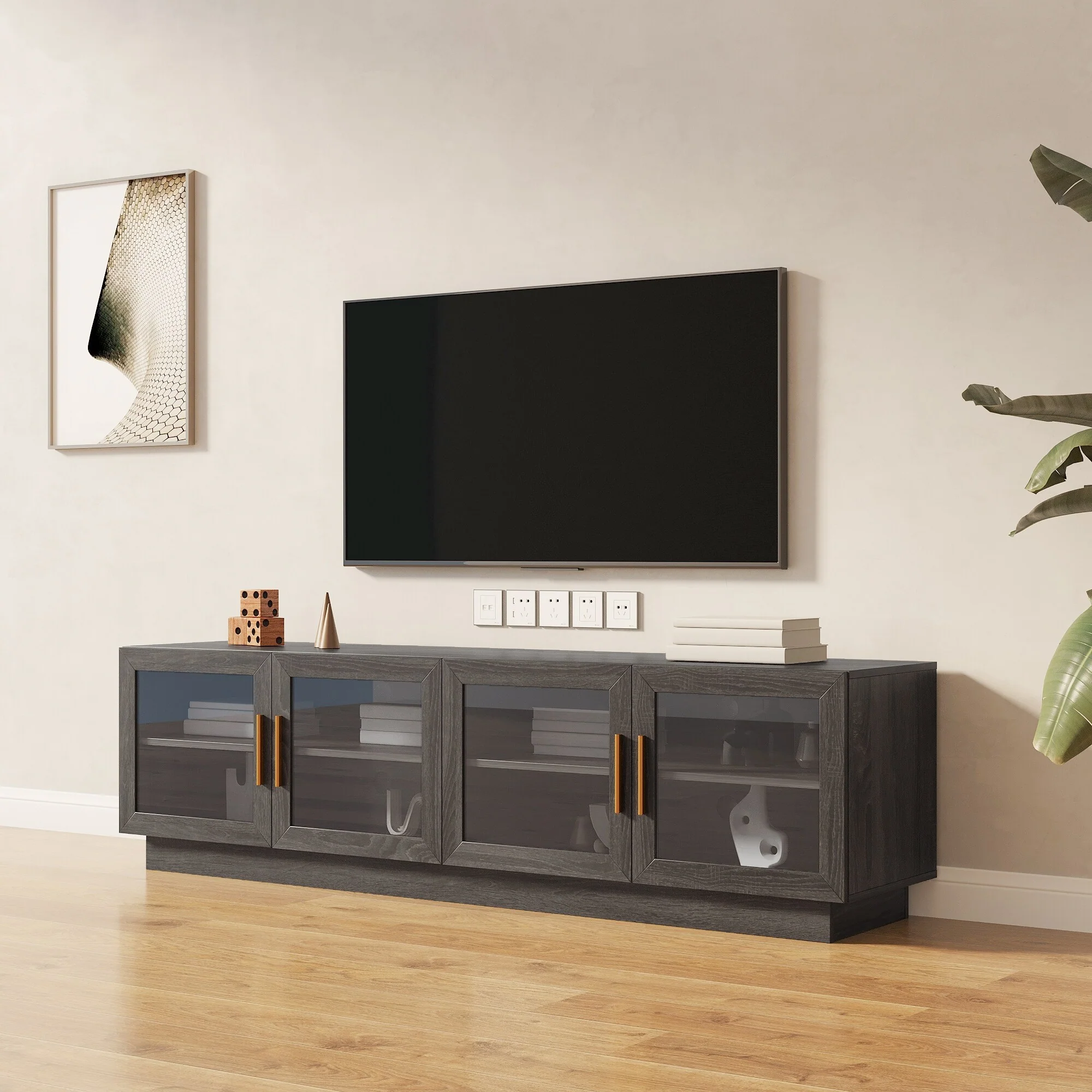 Modern Wood TV Stand Entertainment Center With Storage Cabinet Shelves - 15.75 x 70.87 x 19.69