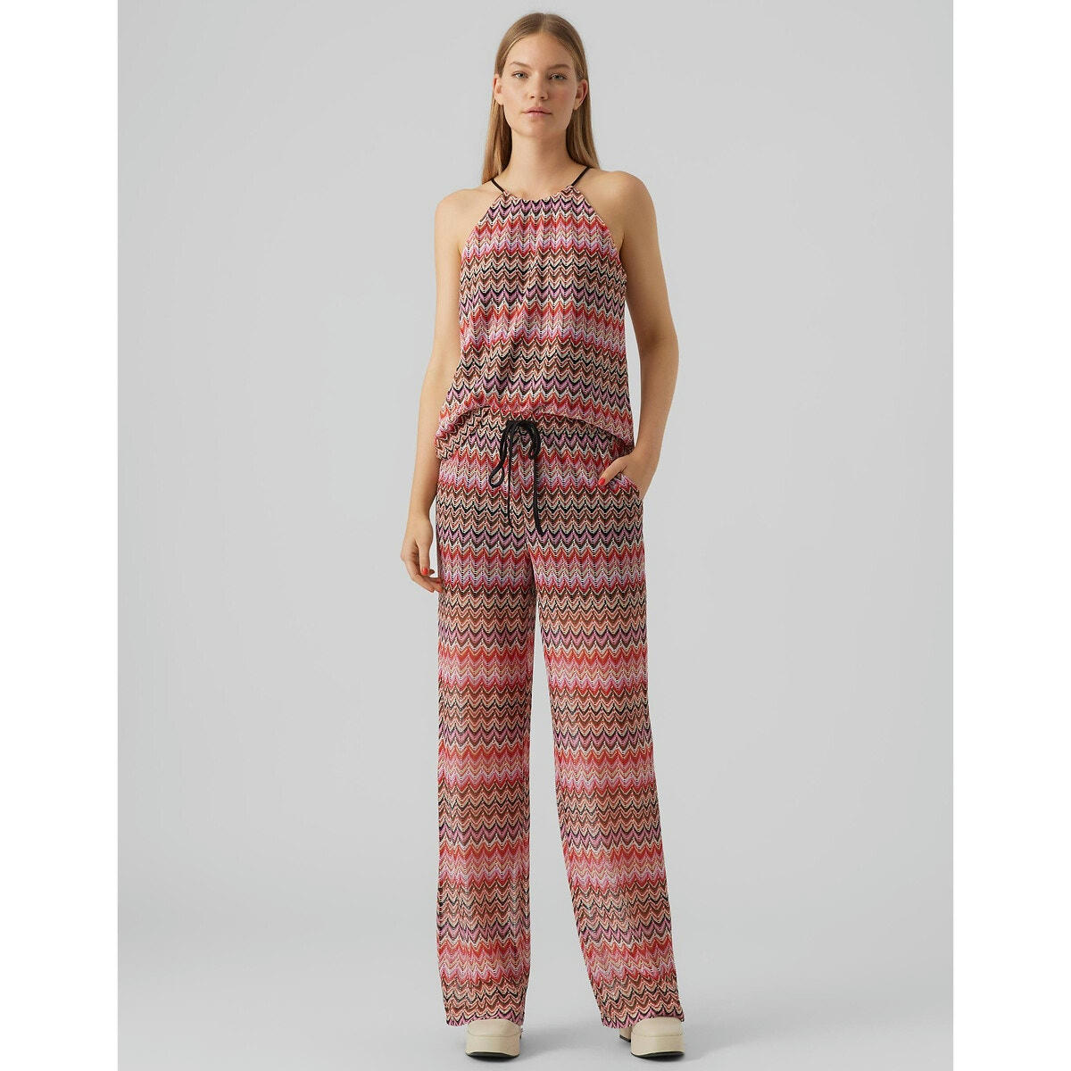 Pantalon large, taille haute, imprimé