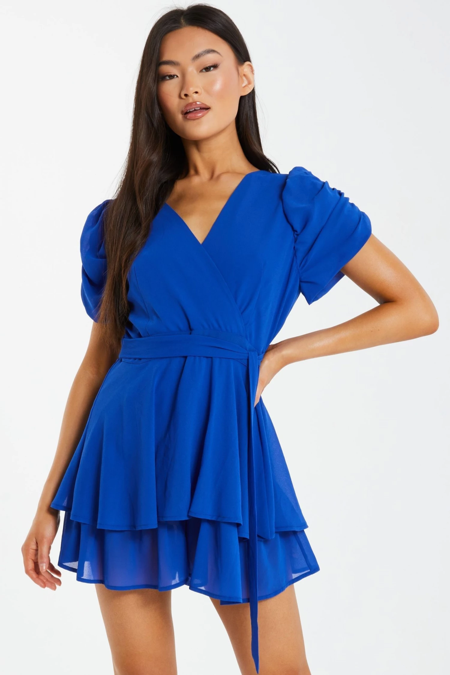Quiz Blue Chiffon Wrap Frill Playsuit