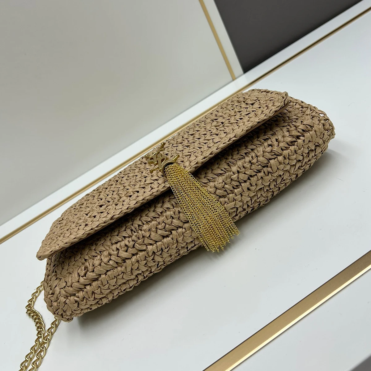 Saint Laurent Kate 99 Shoulder Bag Dark Nude Raffia
