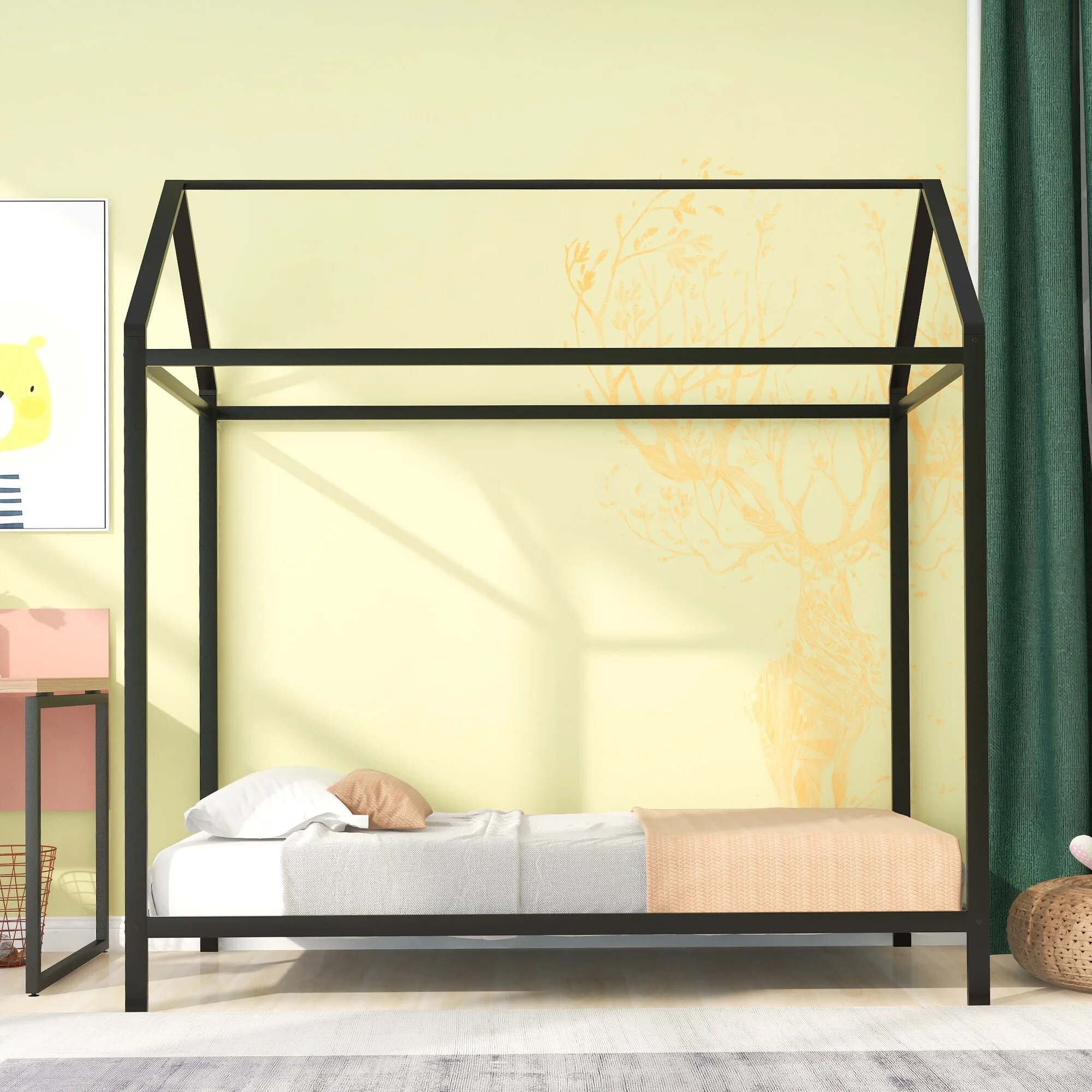 Black Twin Metal House Frame Bed with Floor