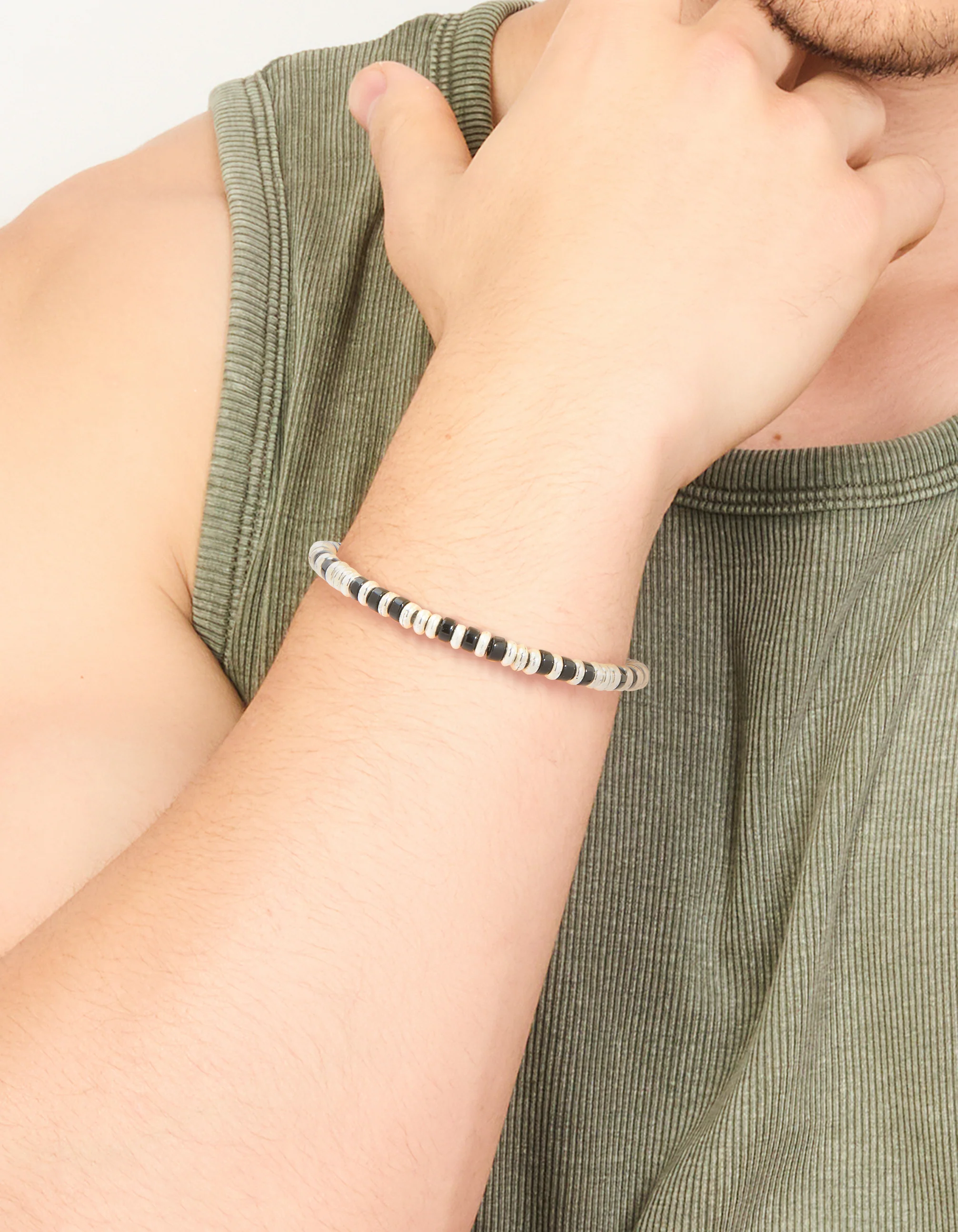 Mens Waterproof Stainless Steel Small Semi Precious Bead Bracelet
