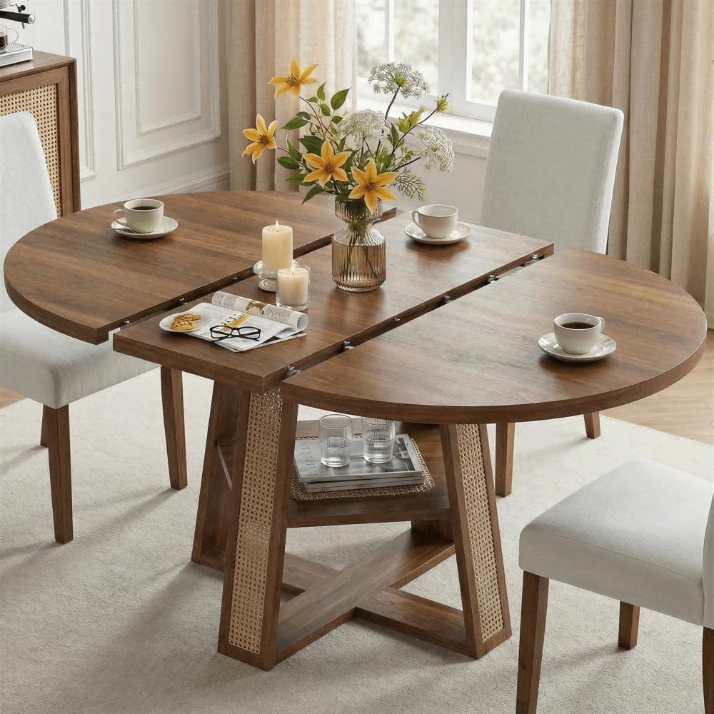 LIKIMIO 43-59 Extendable Round Dining Table for 4-8, Transformer Oval Dining Room Table with Removable Leaves Space Saving, Wood Base Kitchen Table with Storage Shelf for Living Room, Walnut