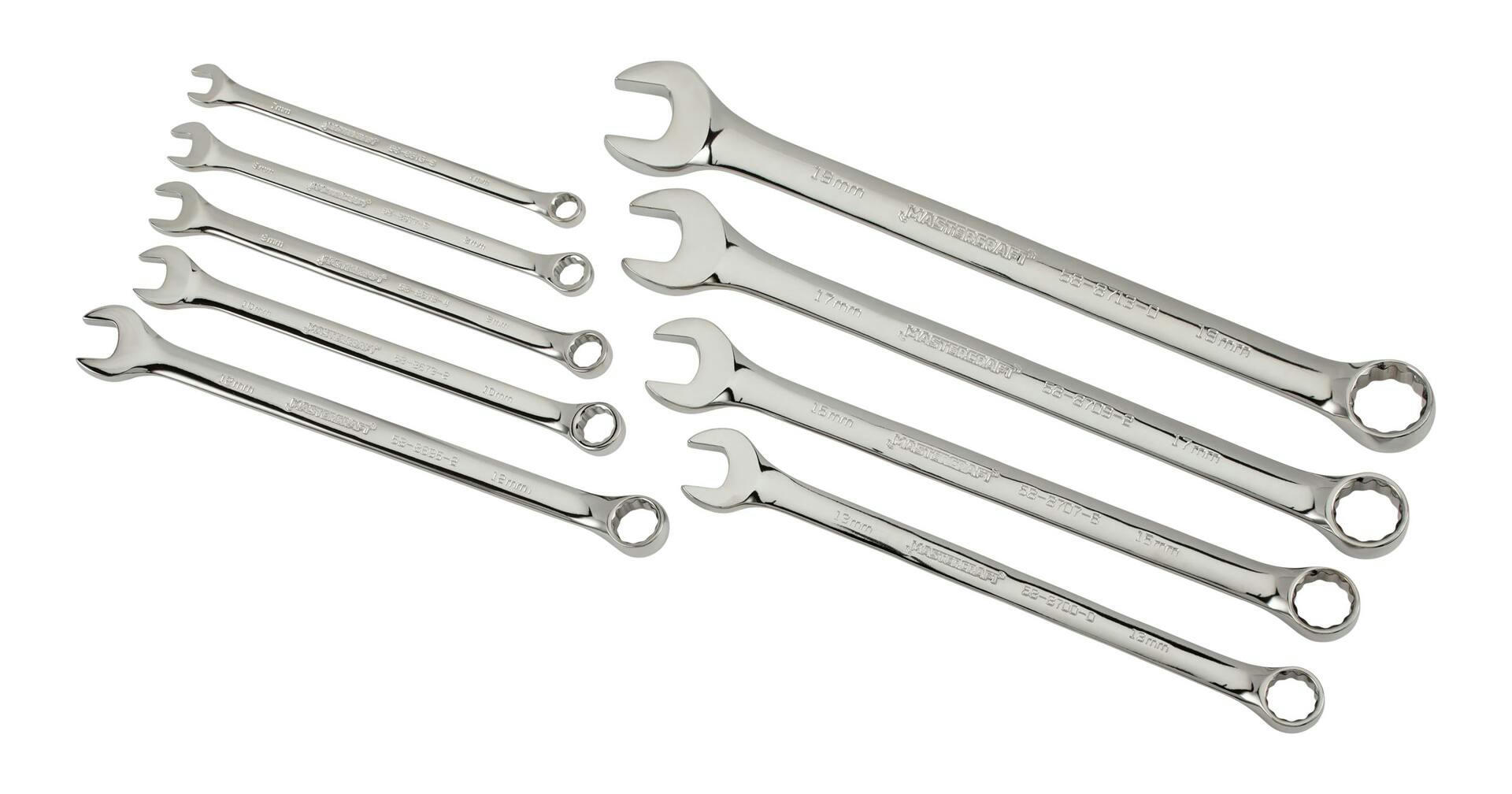 Mastercraft Combination Wrench Set, Metric, Nickel-Chrome Plating, 9-pc