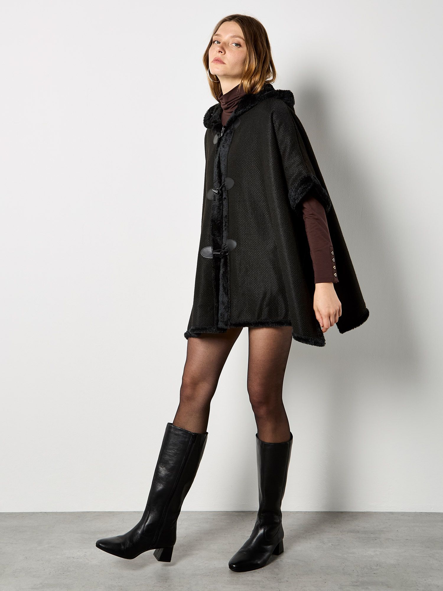 Apricot Faux Fur Trim Waffle Knit Cape