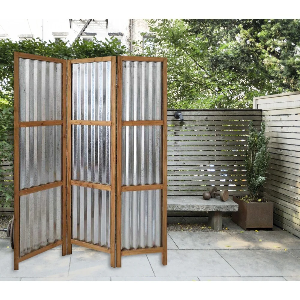 3 Panel Brown Corrugated Metal Room Divider