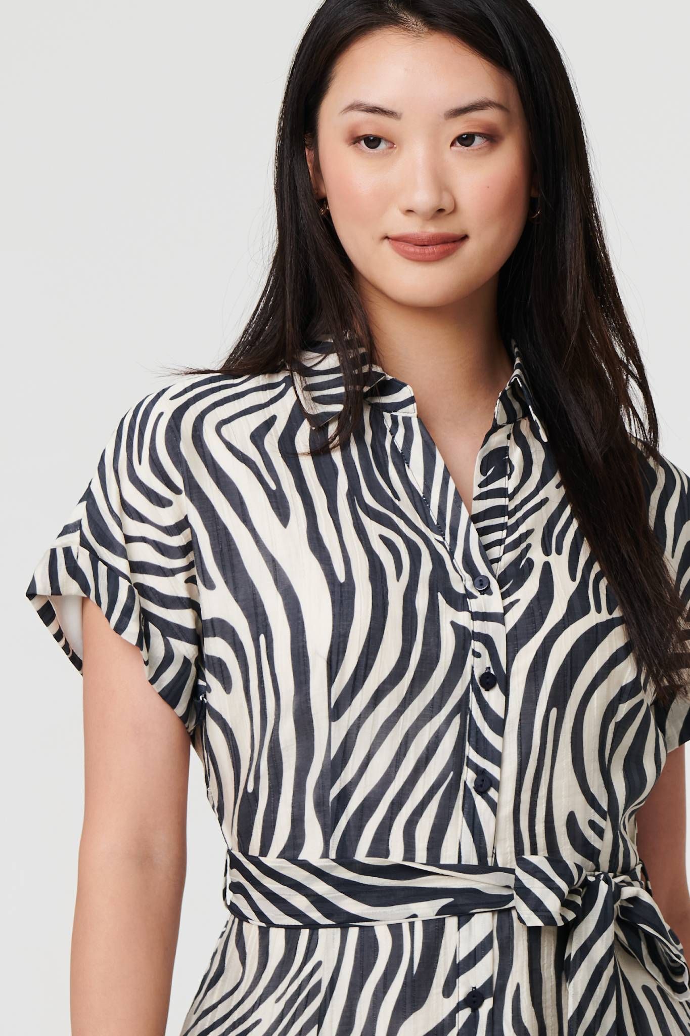 Izabel London Zebra Print Tie Waist Midi Shirt Dress