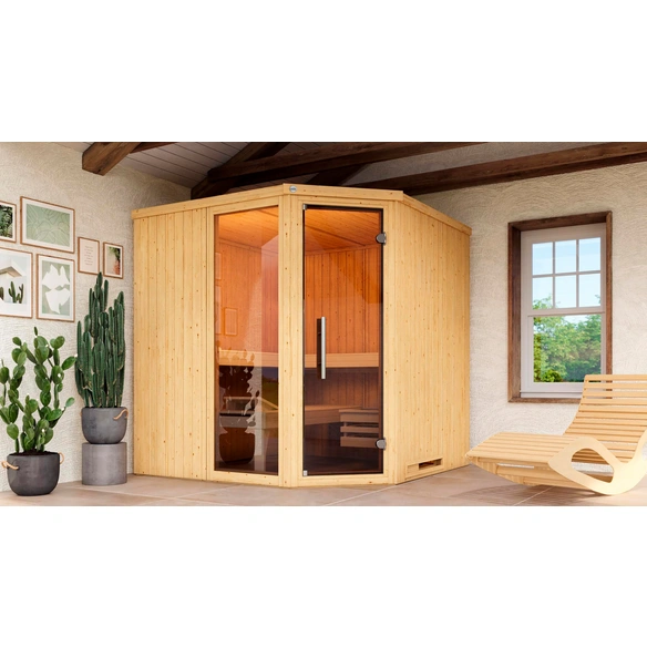Ecksauna »VARBERG 3«, 6 Personen, inkl. 9 kW Ofen mit integrierter Steuerung