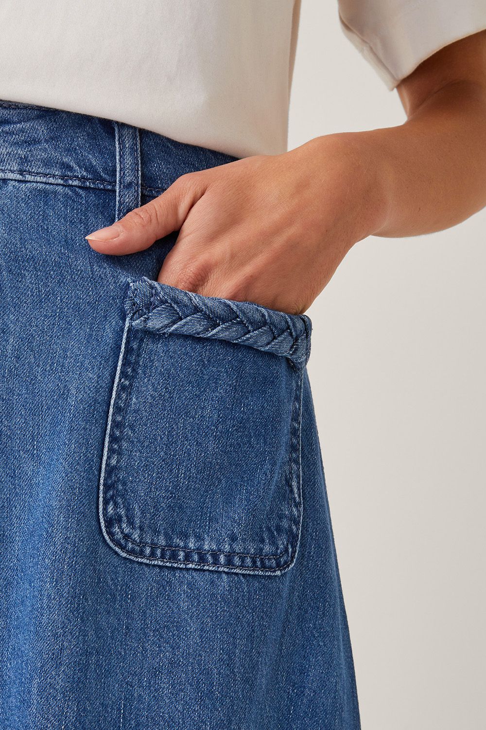 Monsoon Martha Plait Denim Midi Skirt Blue