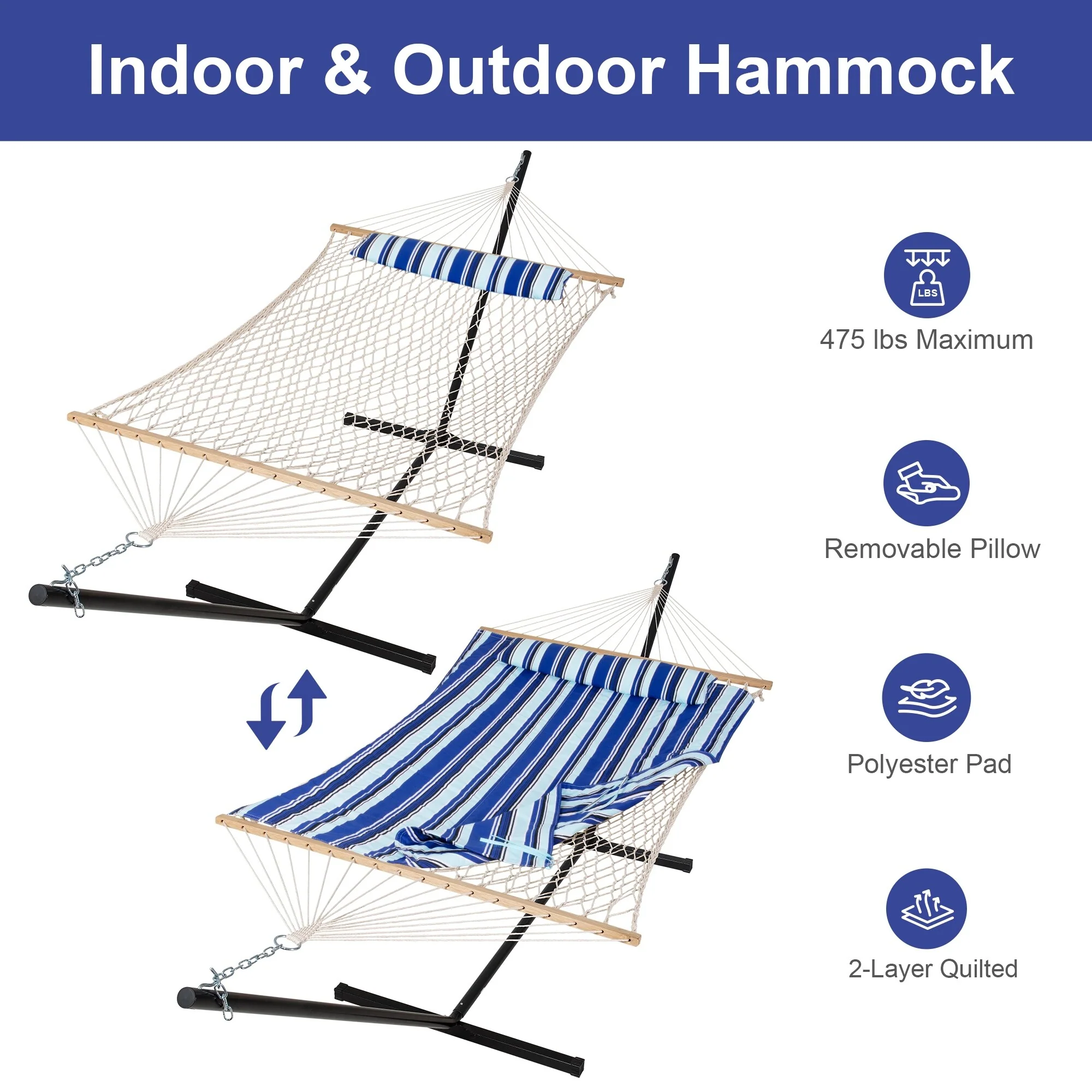 Double Hammock with Stand, Two Person Cotton Rope Hammock