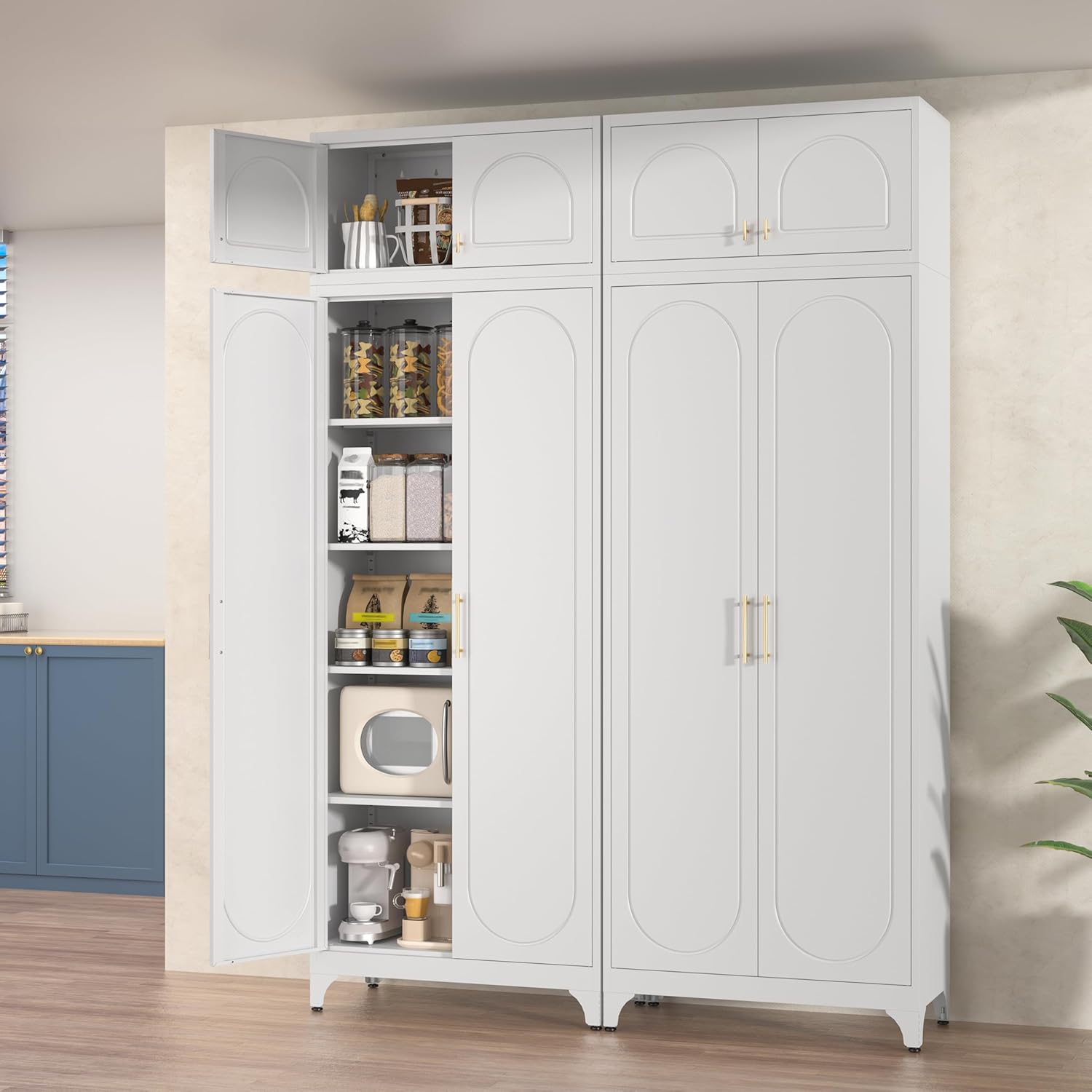 Kitchen Pantry Cabinet, 90 Tall Metal Pantry Cabinet, Food Cupboards with Doors and Shelves, Freestanding Storage Cabinets for Dining, Living Room, 16D x 32W x 90H, White, Assembly Required