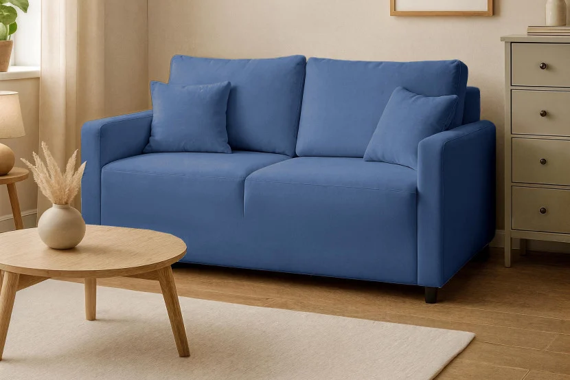 Elegancka sofa MIRA dwuosobowa w kolorze niebieskim z funkcją spania