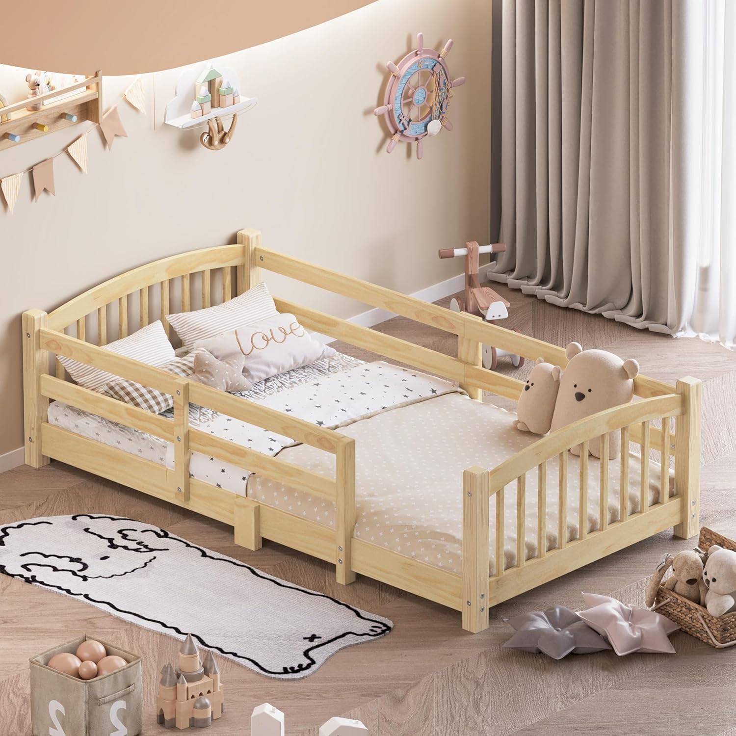 Merax Twin Montessori Floor Bed with Safety Guardrails – Solid Wood Kids Bed with Slats & Fence and Without Door, No Box Spring Needed, Natural