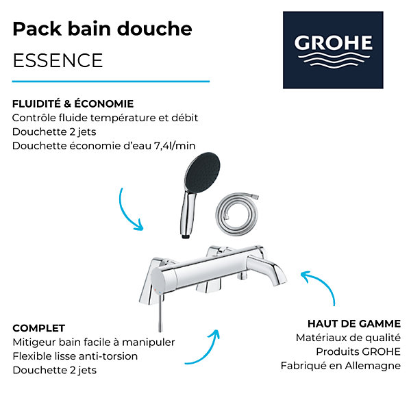 Pack mitigeur bain douche mécanique GROHE Essence   douchette ronde2 jets   flexible