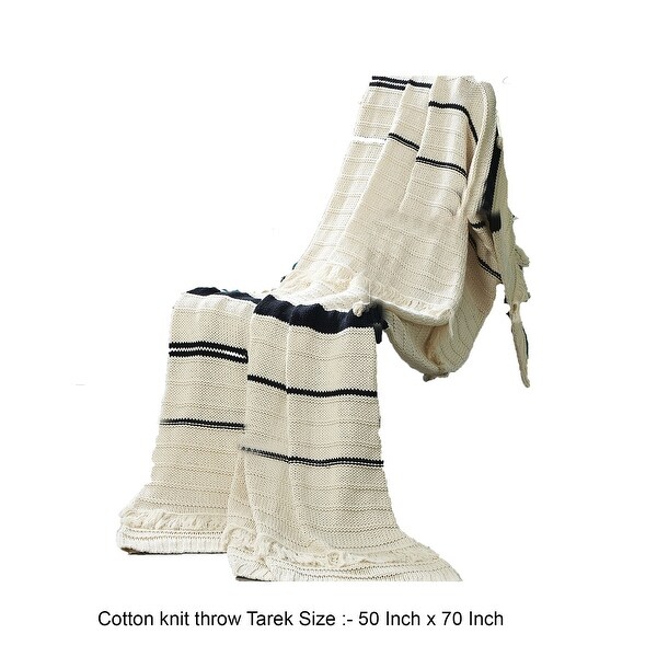 Kai 50 x 70 Throw Blanket with Fringes, Soft Knitted Cotton, Ivory, Black