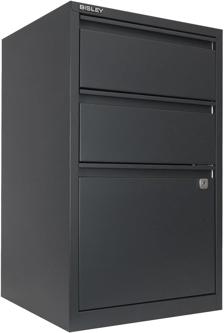 Bisley 3-Drawer Flush Front Vertical File Cabinet - Anthracite Grey, 2 Utility Drawers + 1 Hanging File Drawer, Powder-Coated Steel, Locking Bottom Drawer