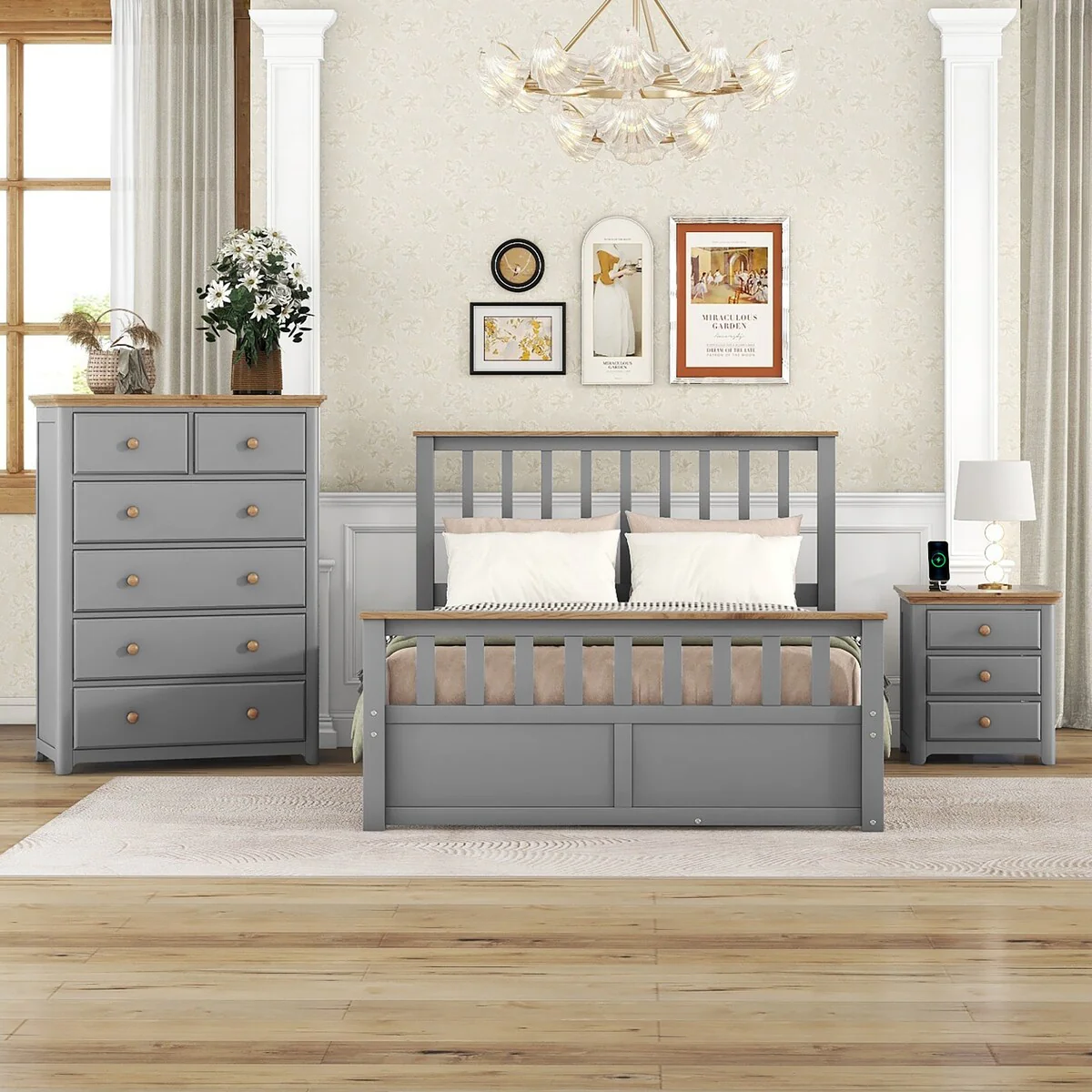 3-Pieces Bedroom Sets Platform Bed with Nightstand and Storage Chest