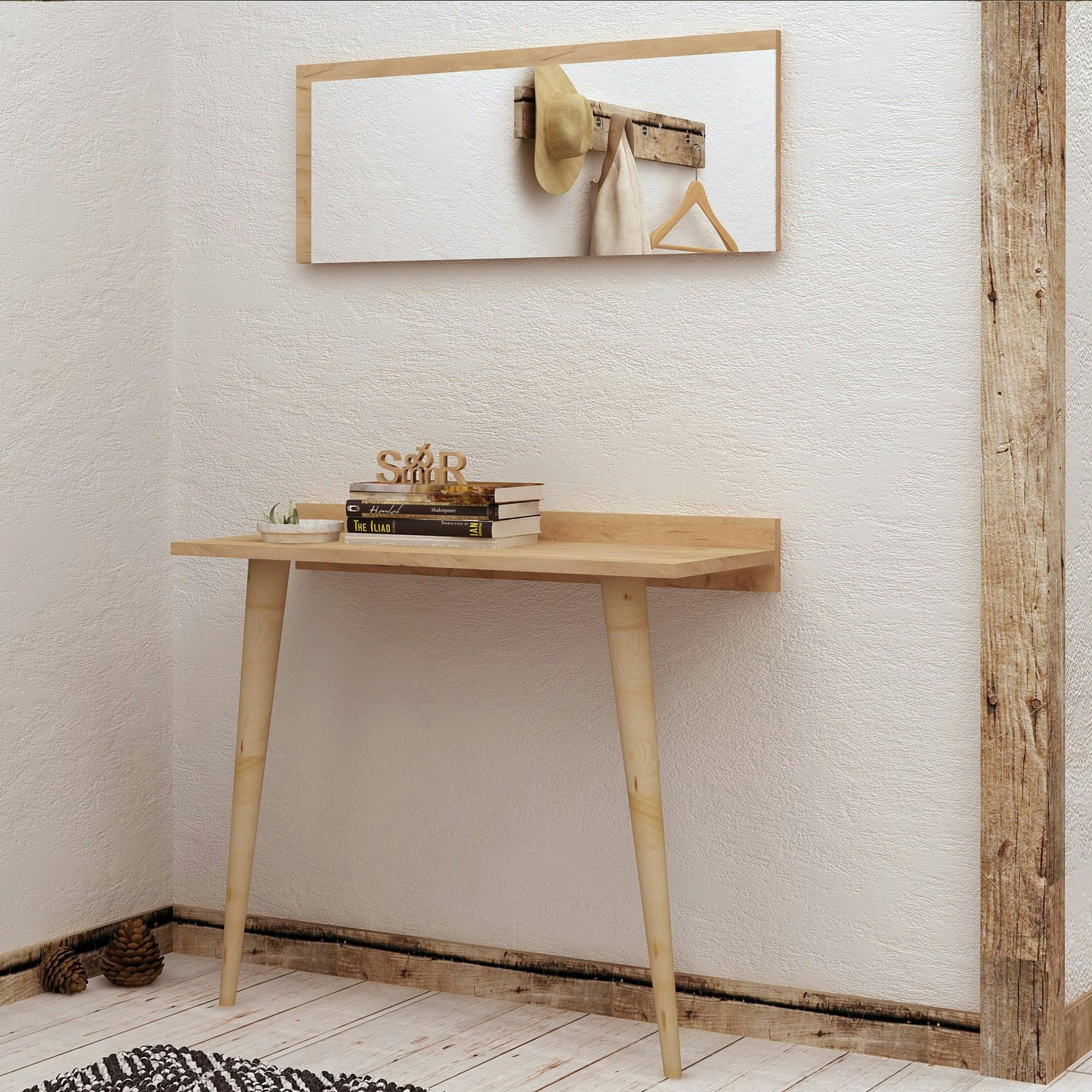 Console bureau effet chêne avec miroir rectangulaire MARFA