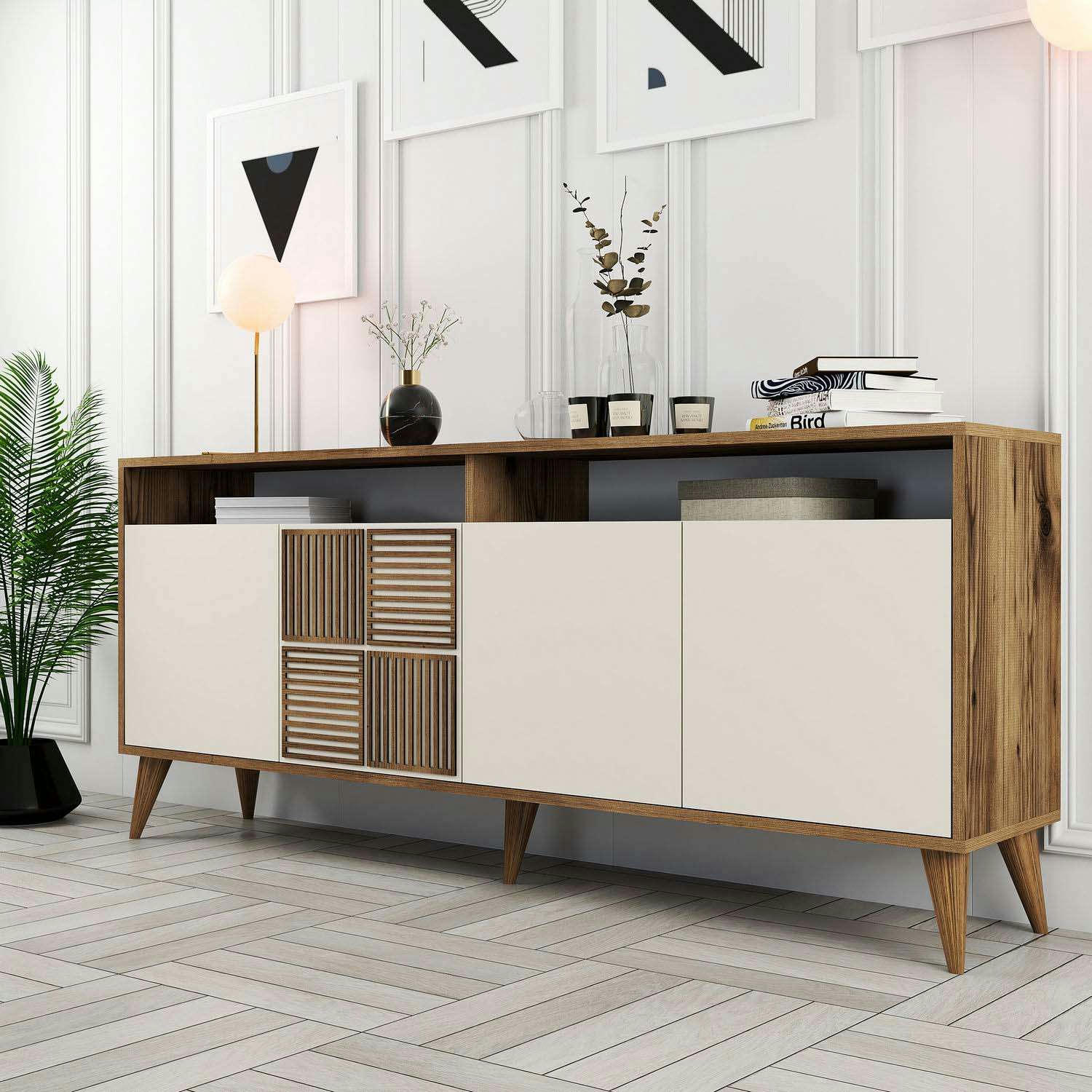 - Buffet en aggloméré 4 portes milan noyer et crème