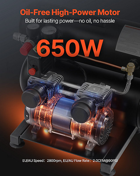 Compresseur air sans huile réservoir acier 18L, 2,0 CFM à 90 PSI, max 120 PSI.