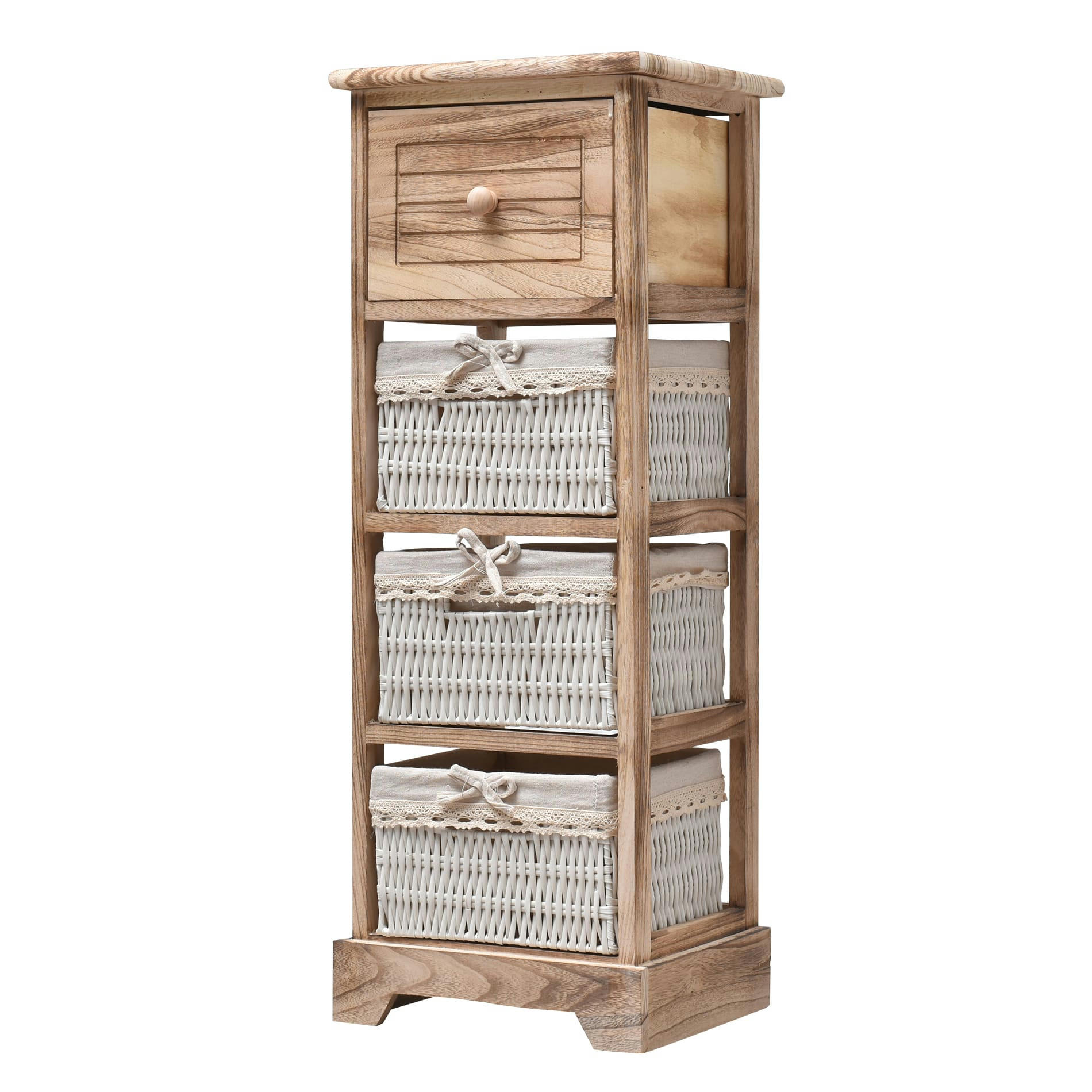 - Chiffonnier étroit à 4 tiroirs en bois et osier blanc et brun