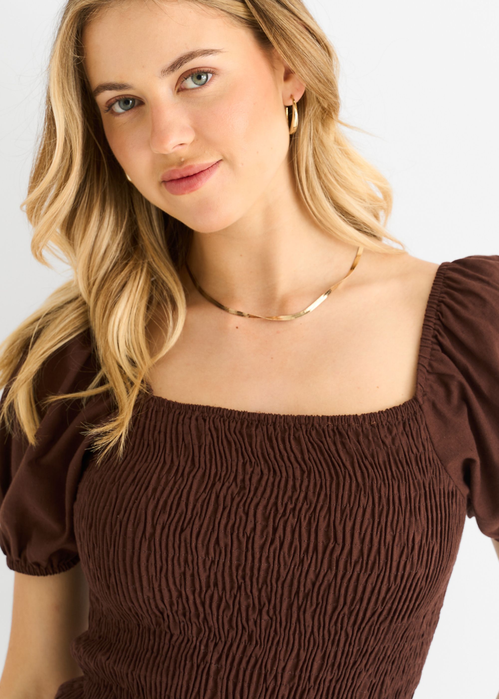 Gini London Chocolate Puff Sleeve Shirred Cotton Top