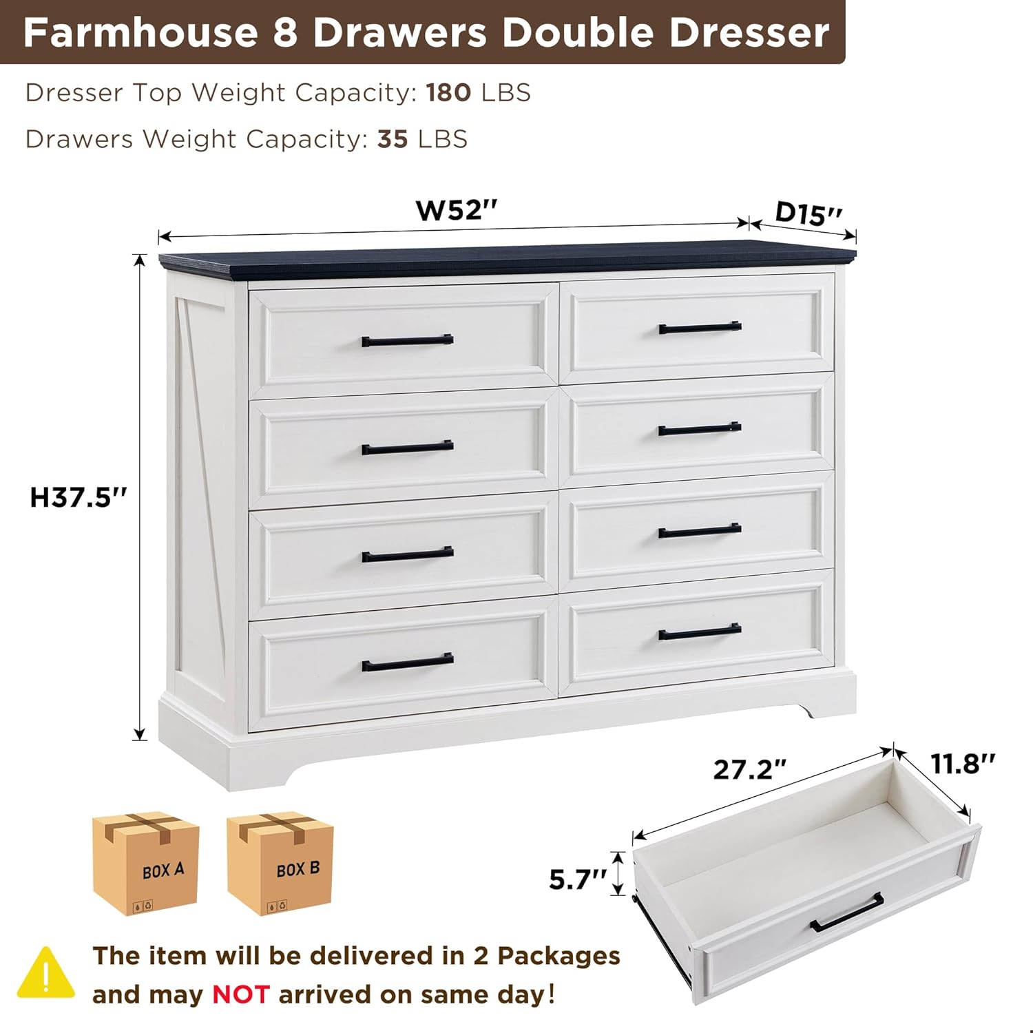 ACCOHOHO Farmhouse 8 Drawers Dresser Chests for Bedroom,52 Wide Wood Rustic Chest of Drawers with Metal Handle,Natural Texture,Drawer Organizer for Bedroom,Living Room,Hallway and Entryway,White