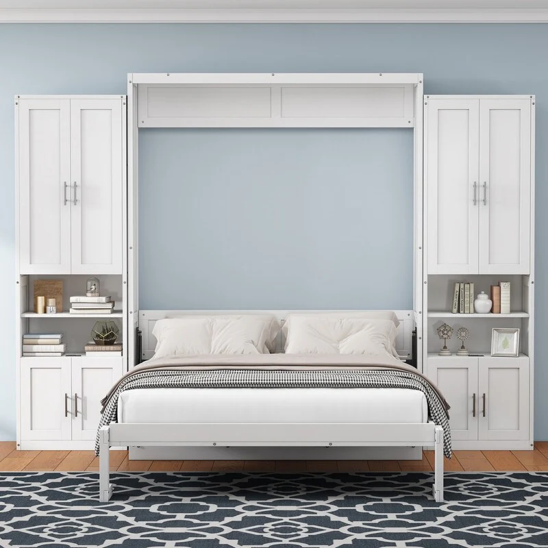 Queen Size Murphy Bed with 2 Side Cabinet Storage Shelves, Folding Wall Bed with Desk Combo for Guest Room,Office